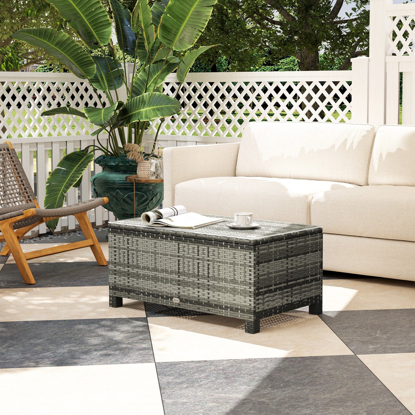 Rattan Coffee Table, Patio Side Table, Hand-woven Wicker Furniture with Tempered Glass Top Outdoor Garden Patio, Grey