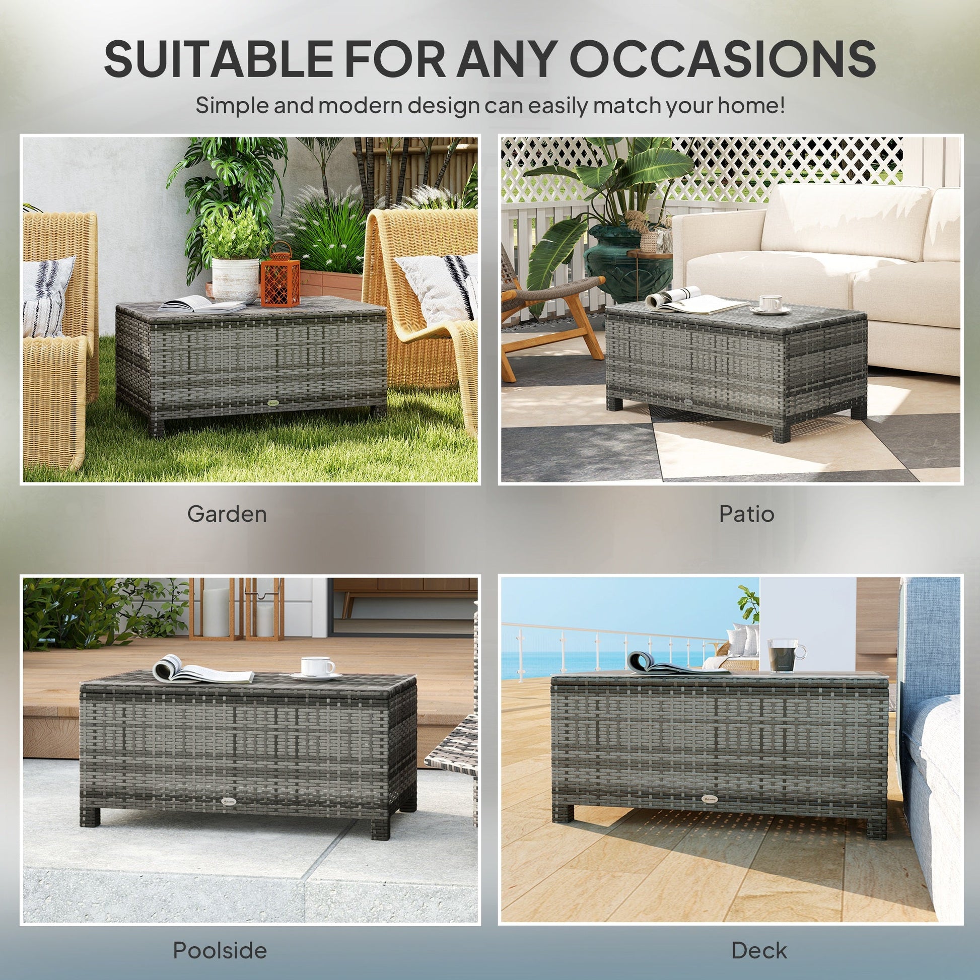 Rattan Coffee Table, Patio Side Table, Hand-woven Wicker Furniture with Tempered Glass Top Outdoor Garden Patio, Grey