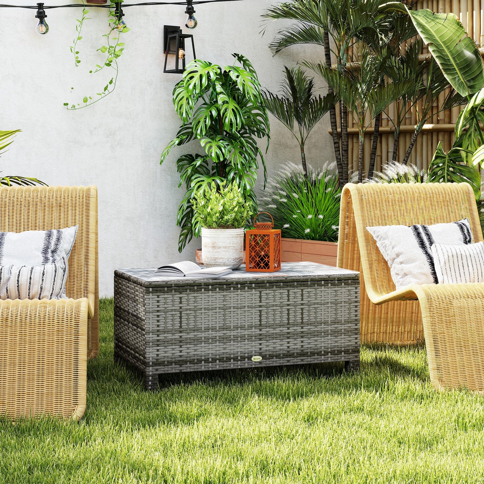 Rattan Coffee Table, Patio Side Table, Hand-woven Wicker Furniture with Tempered Glass Top Outdoor Garden Patio, Grey