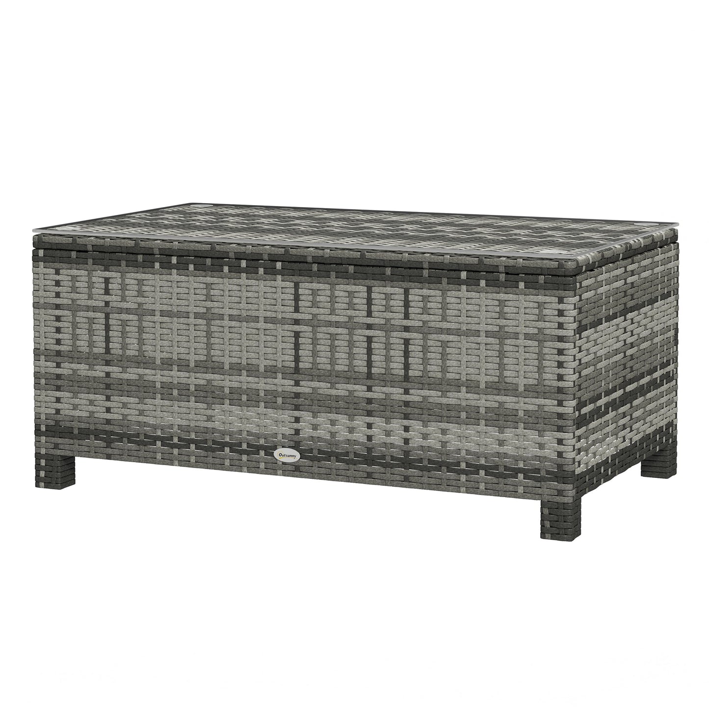 Rattan Coffee Table, Patio Side Table, Hand-woven Wicker Furniture with Tempered Glass Top Outdoor Garden Patio, Grey