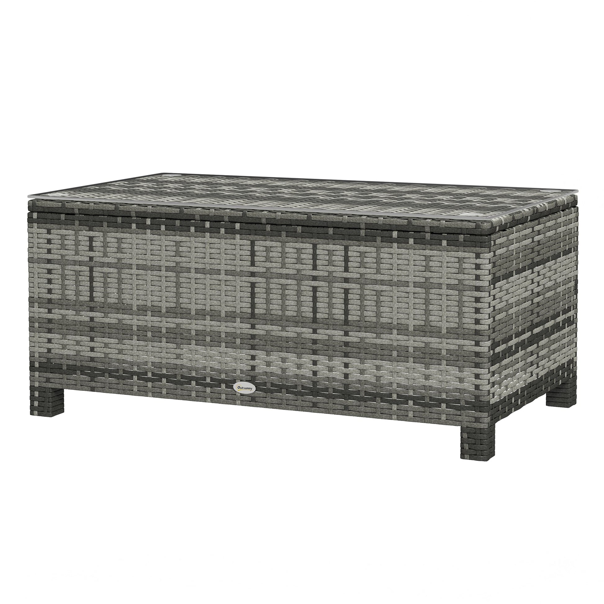 Rattan Coffee Table, Patio Side Table, Hand-woven Wicker Furniture with Tempered Glass Top Outdoor Garden Patio, Grey