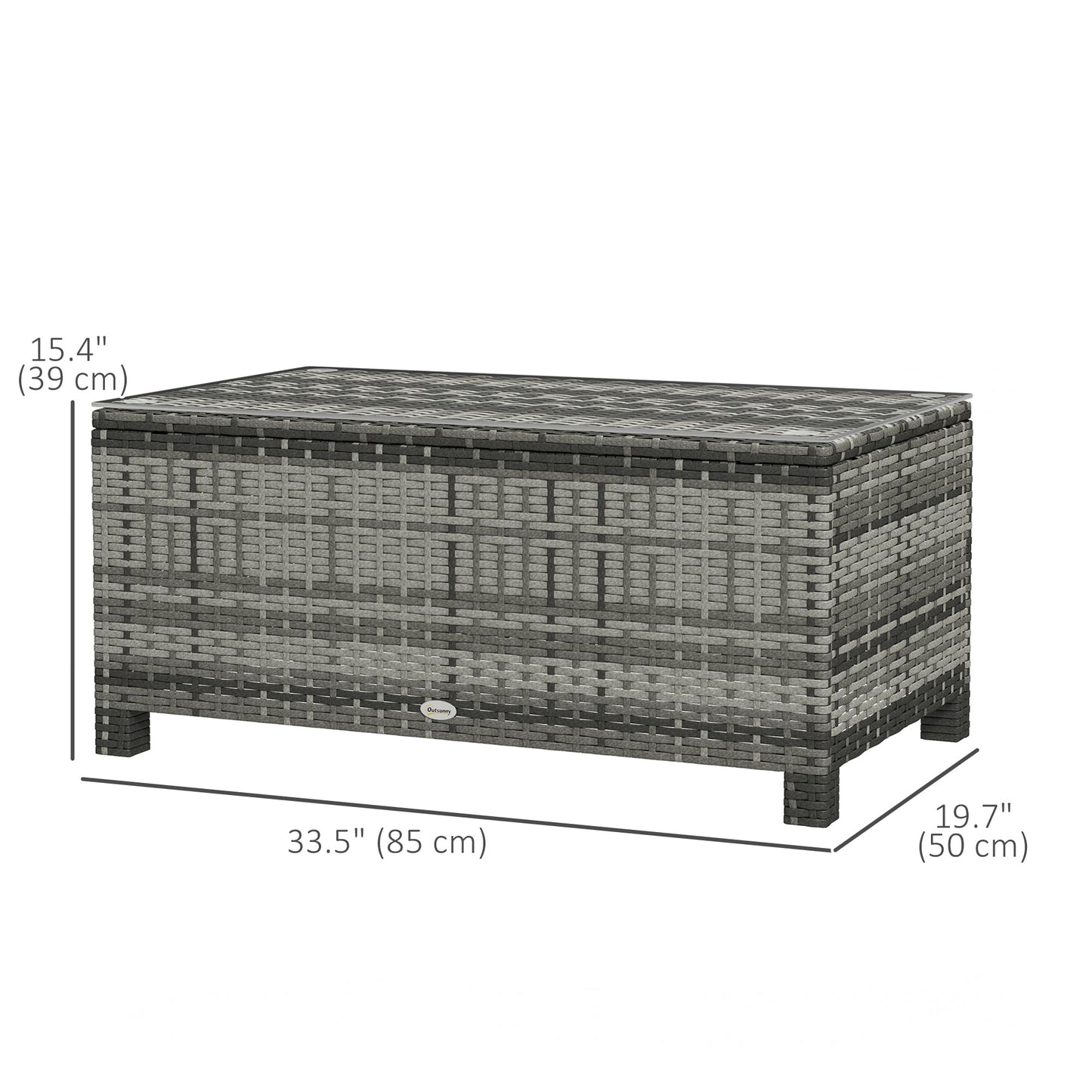 Rattan Coffee Table, Patio Side Table, Hand-woven Wicker Furniture with Tempered Glass Top Outdoor Garden Patio, Grey