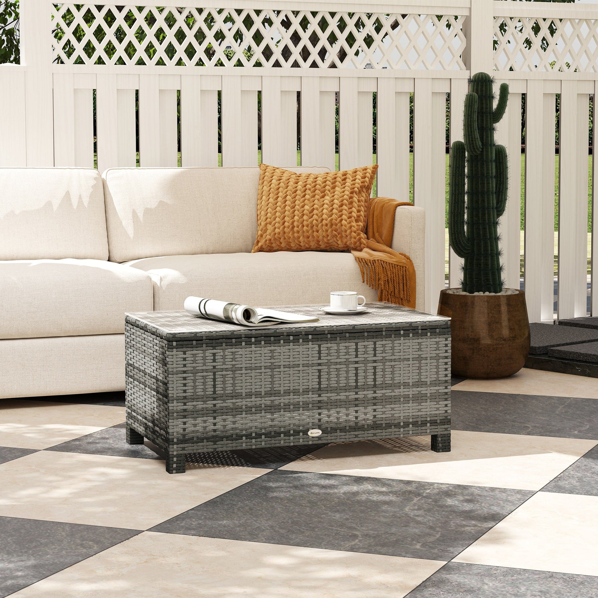 Rattan Coffee Table, Patio Side Table, Hand-woven Wicker Furniture with Tempered Glass Top Outdoor Garden Patio, Grey