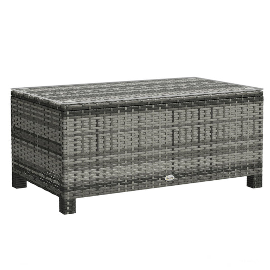 Rattan Coffee Table, Patio Side Table, Hand-woven Wicker Furniture with Tempered Glass Top Outdoor Garden Patio, Grey