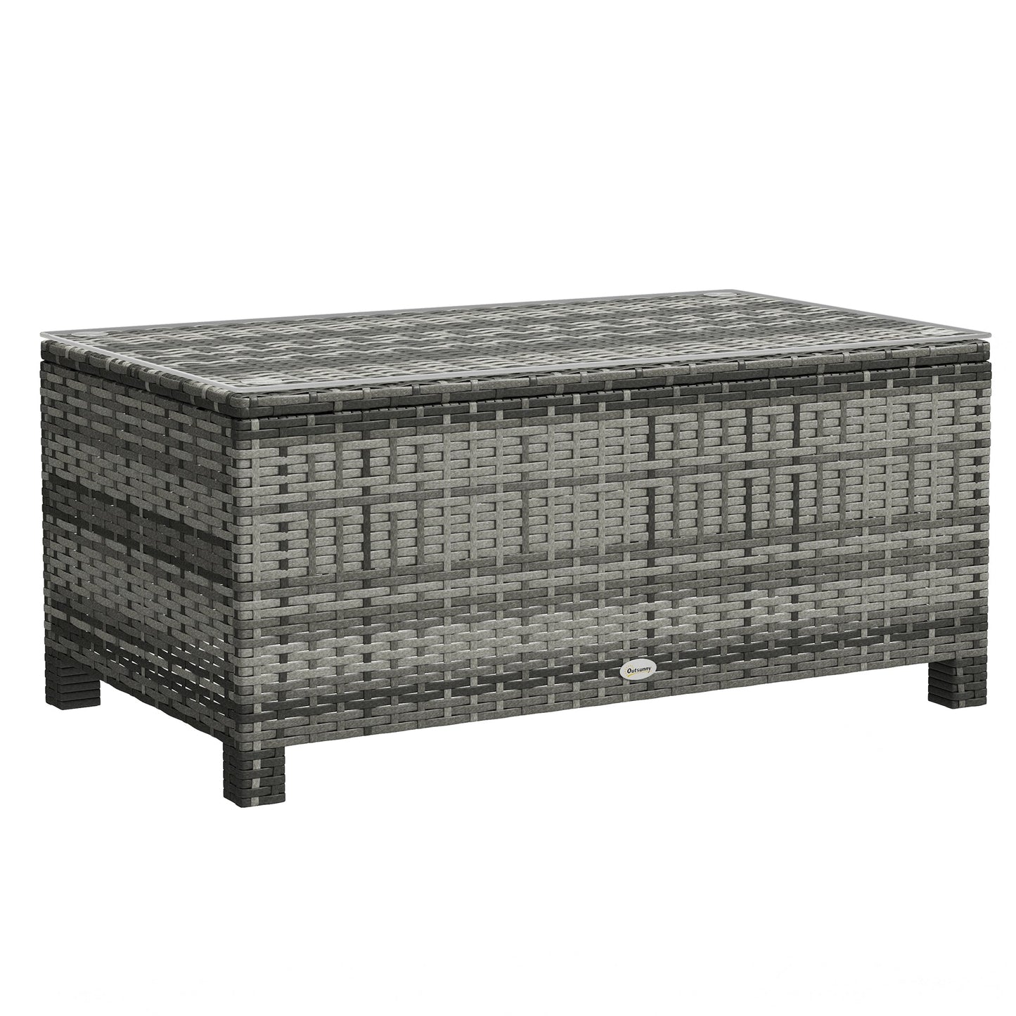 Rattan Coffee Table, Patio Side Table, Hand-woven Wicker Furniture with Tempered Glass Top Outdoor Garden Patio, Grey