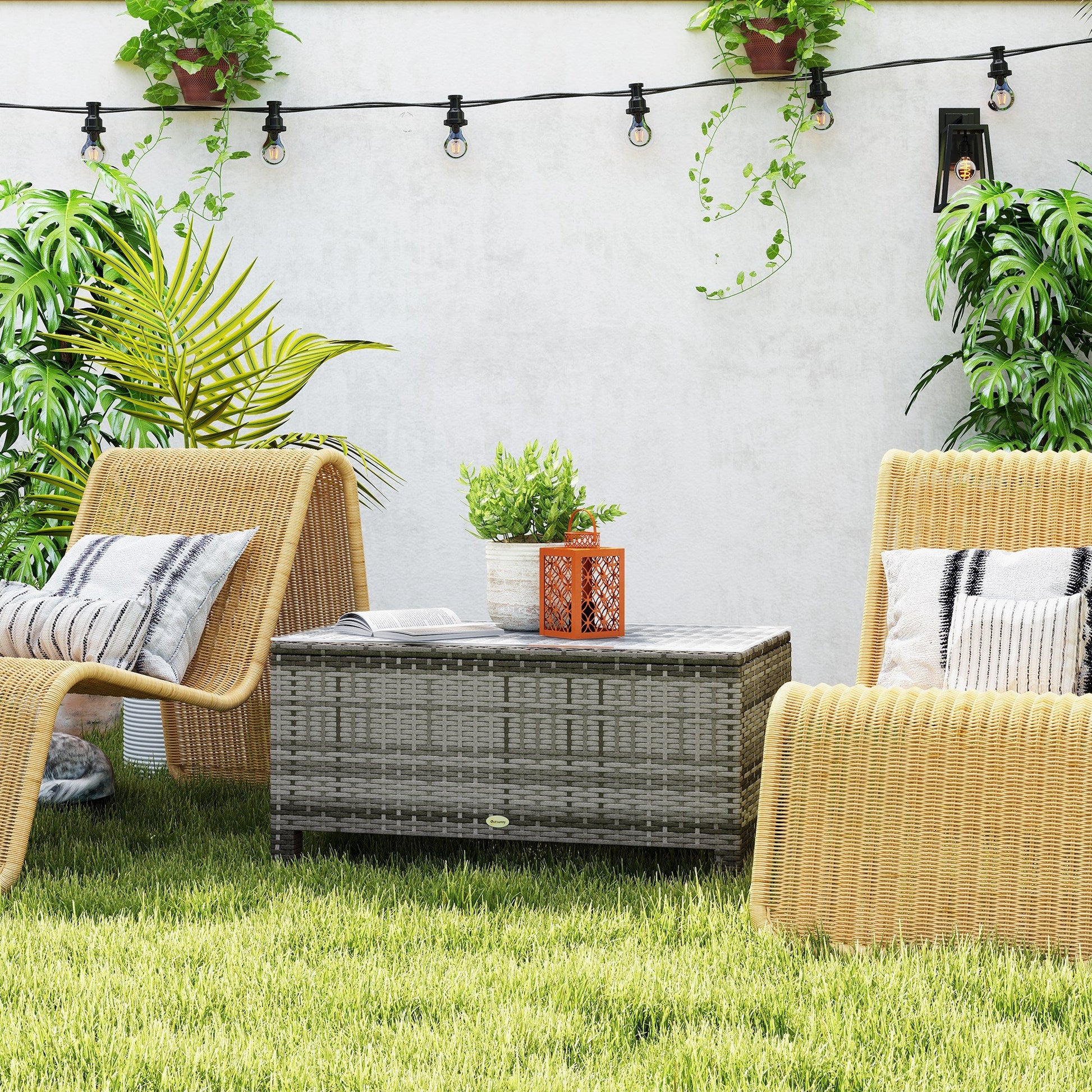 Rattan Coffee Table, Patio Side Table, Hand-woven Wicker Furniture with Tempered Glass Top Outdoor Garden Patio, Grey