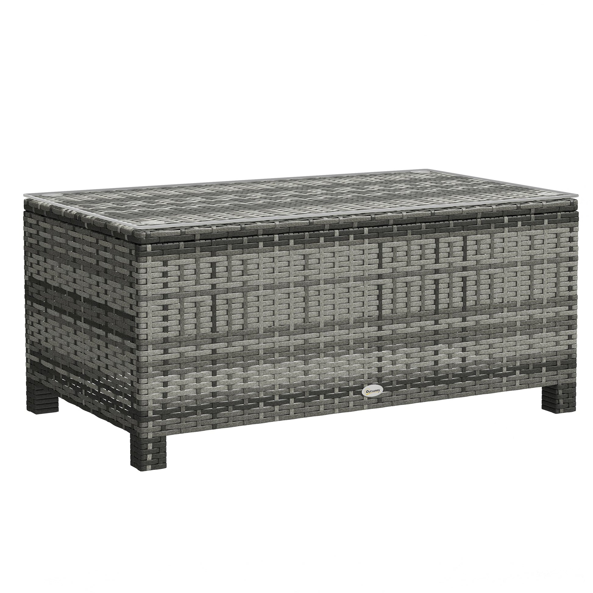 Rattan Coffee Table, Patio Side Table, Hand-woven Wicker Furniture with Tempered Glass Top Outdoor Garden Patio, Grey