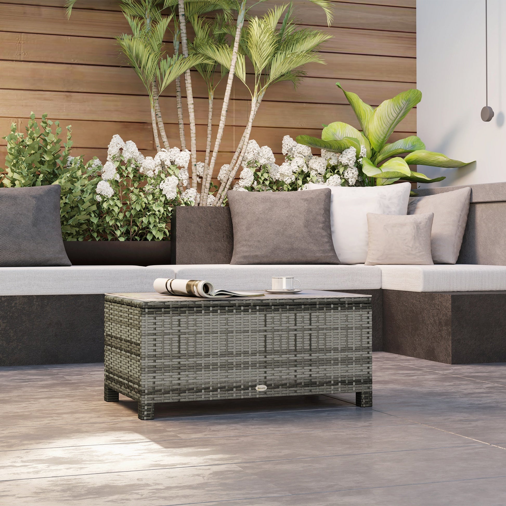 Rattan Coffee Table, Patio Side Table, Hand-woven Wicker Furniture with Tempered Glass Top Outdoor Garden Patio, Grey