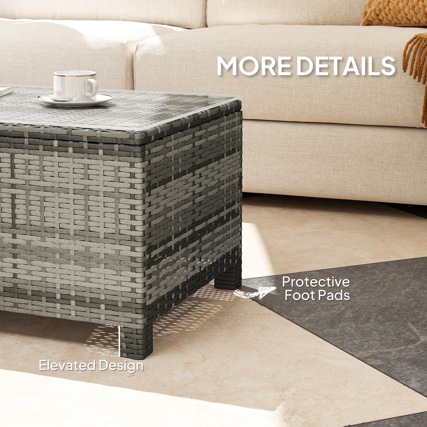 Rattan Coffee Table, Patio Side Table, Hand-woven Wicker Furniture with Tempered Glass Top Outdoor Garden Patio, Grey
