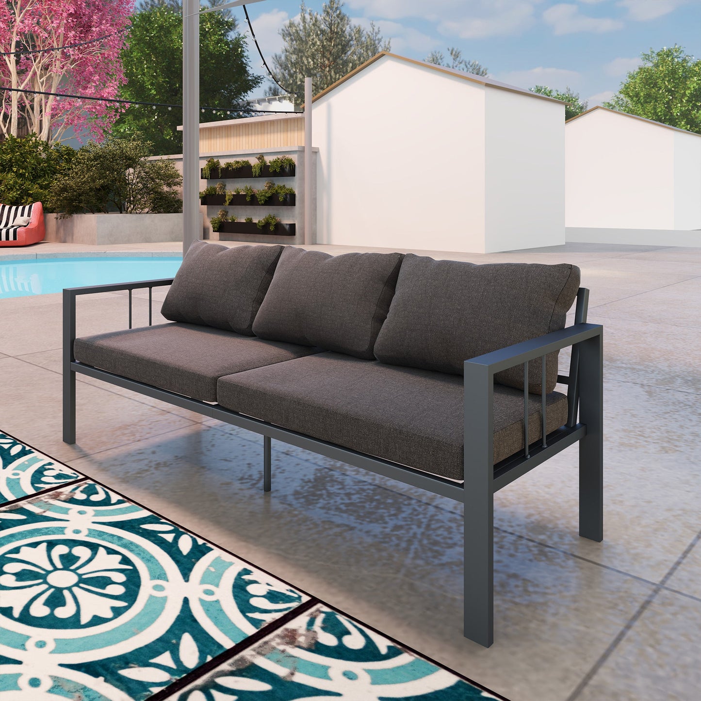 Aluminum Outdoor Sofa, 3-Seater Patio Couch, Patio Furniture Outdoor Couch with Cushions, Wide Seat, Armrests for Garden, Backyard, Balcony, Dark Grey