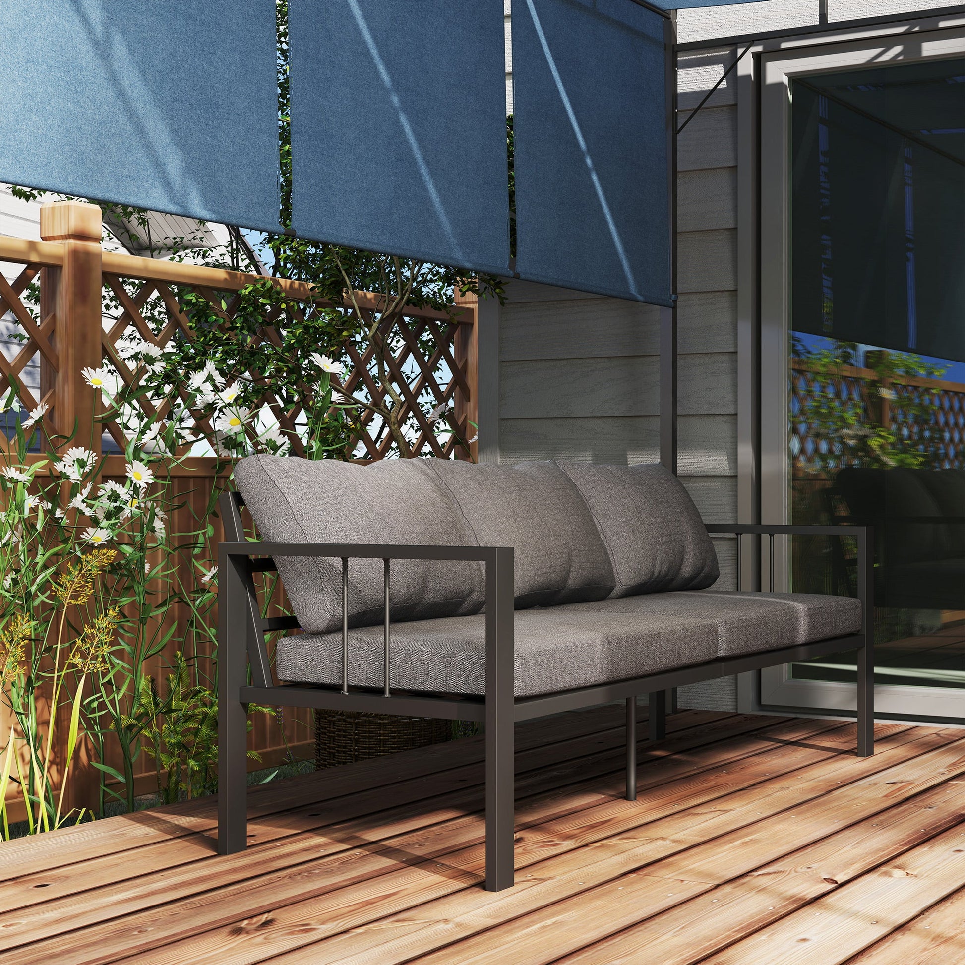 Aluminum Outdoor Sofa, 3-Seater Patio Couch, Patio Furniture Outdoor Couch with Cushions, Wide Seat, Armrests for Garden, Backyard, Balcony, Dark Grey