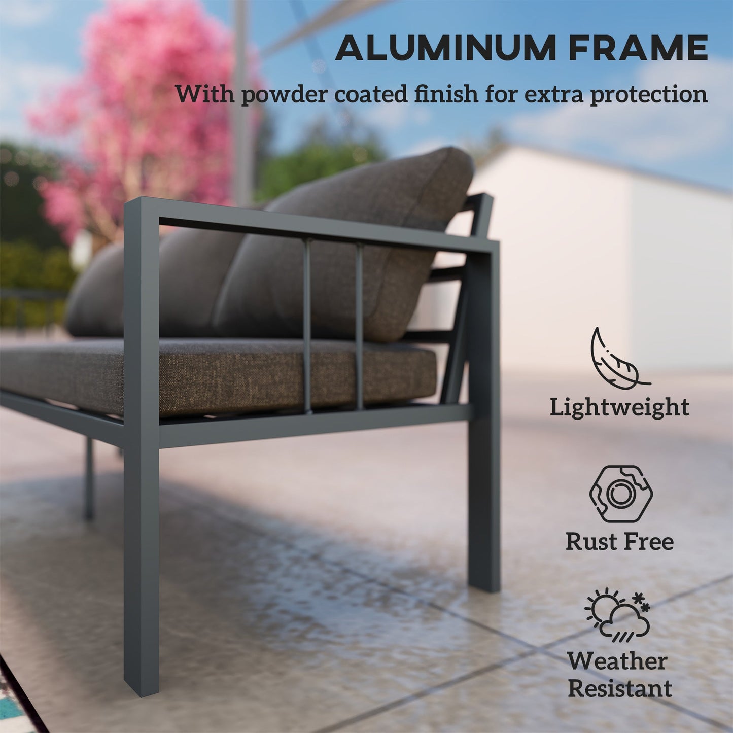 Aluminum Outdoor Sofa, 3-Seater Patio Couch, Patio Furniture Outdoor Couch with Cushions, Wide Seat, Armrests for Garden, Backyard, Balcony, Dark Grey