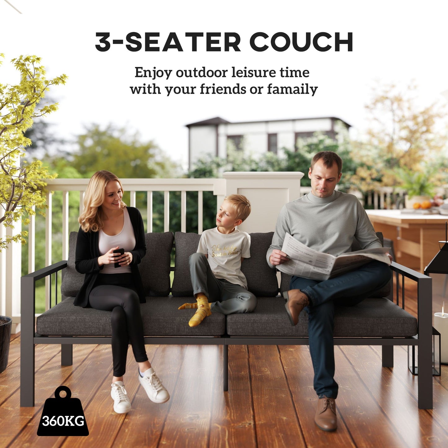 Aluminum Outdoor Sofa, 3-Seater Patio Couch, Patio Furniture Outdoor Couch with Cushions, Wide Seat, Armrests for Garden, Backyard, Balcony, Dark Grey