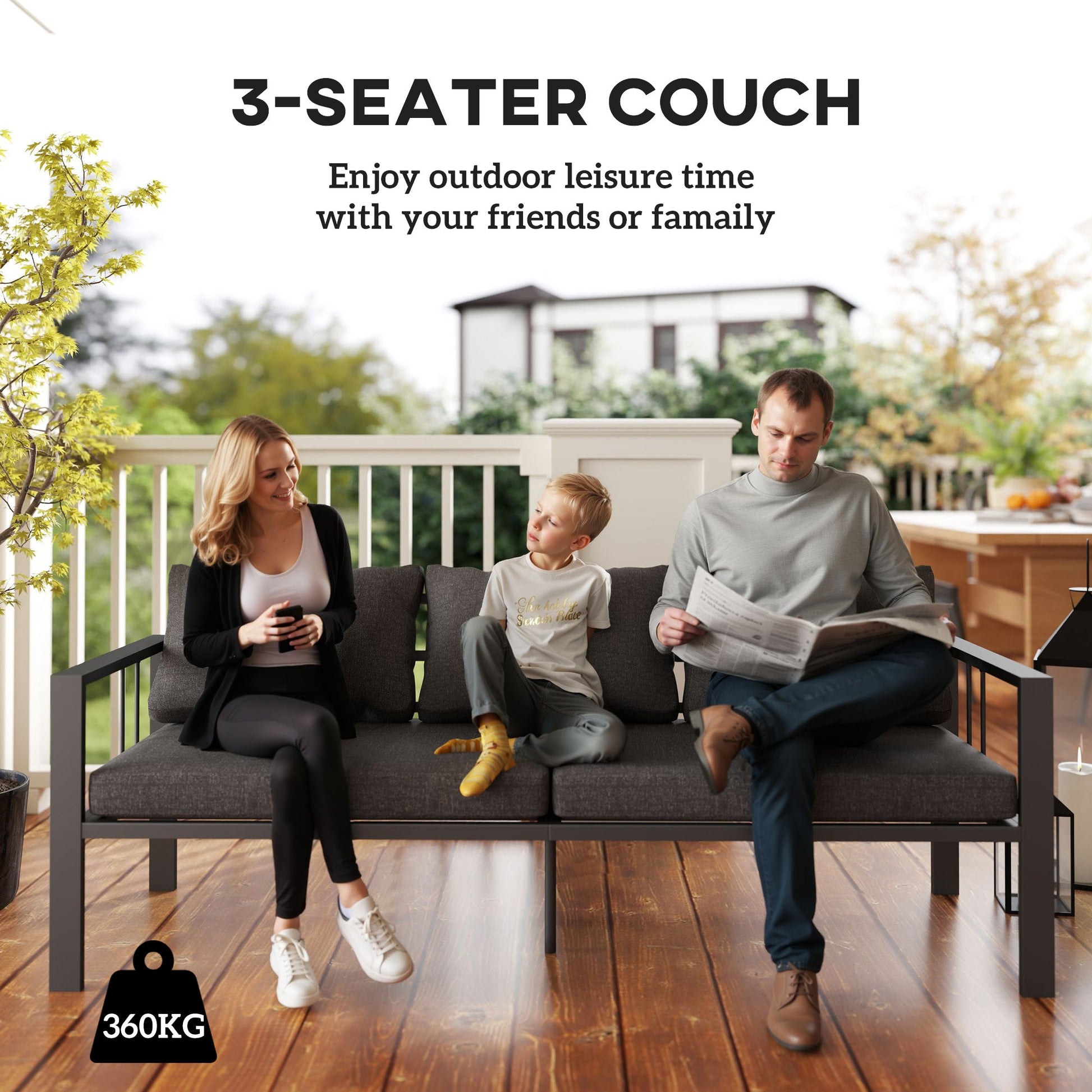 Aluminum Outdoor Sofa, 3-Seater Patio Couch, Patio Furniture Outdoor Couch with Cushions, Wide Seat, Armrests for Garden, Backyard, Balcony, Dark Grey