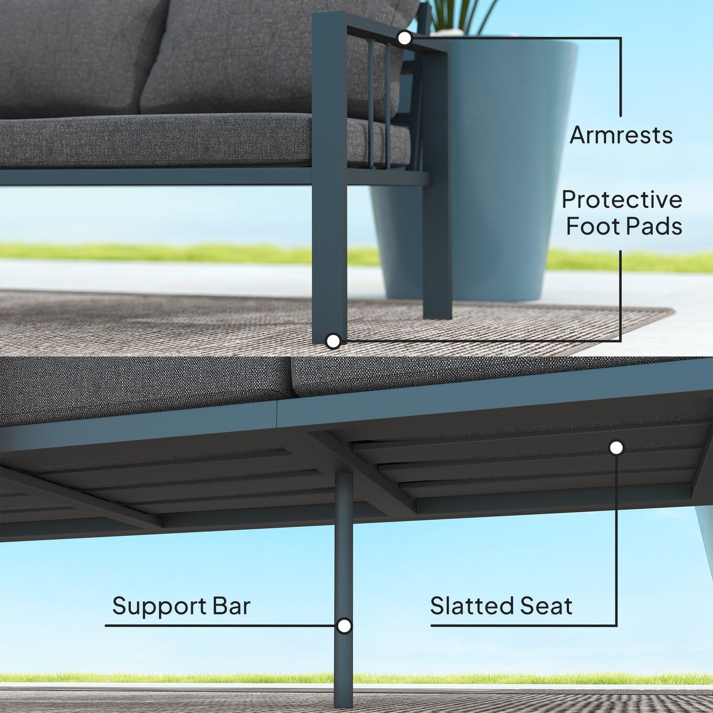 Aluminum Outdoor Sofa, 3-Seater Patio Couch, Patio Furniture Outdoor Couch with Cushions, Wide Seat, Armrests for Garden, Backyard, Balcony, Dark Grey