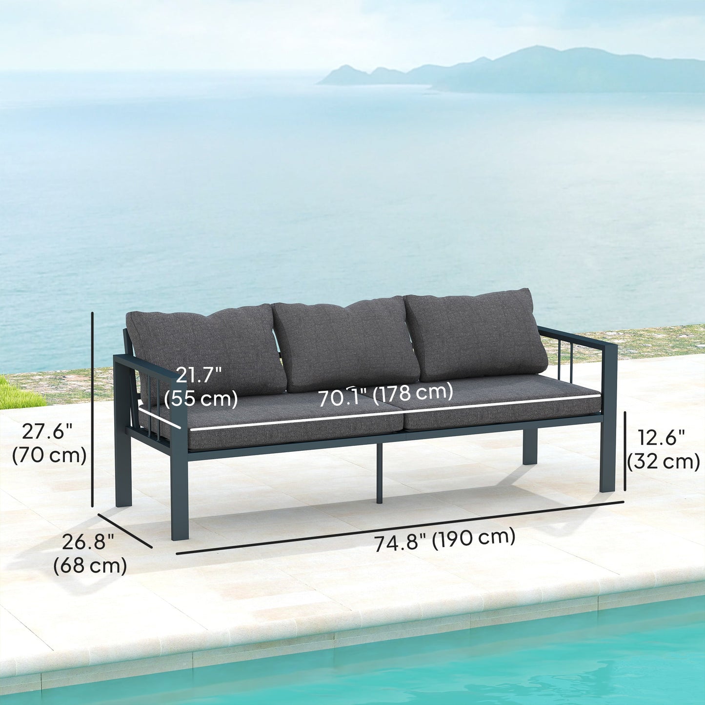Aluminum Outdoor Sofa, 3-Seater Patio Couch, Patio Furniture Outdoor Couch with Cushions, Wide Seat, Armrests for Garden, Backyard, Balcony, Dark Grey