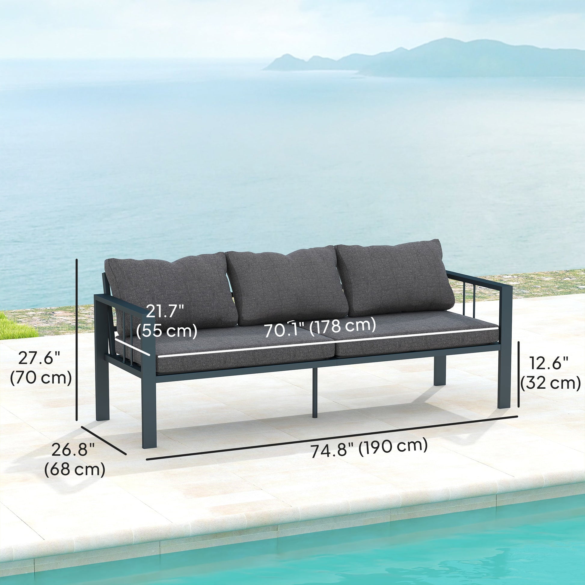 Aluminum Outdoor Sofa, 3-Seater Patio Couch, Patio Furniture Outdoor Couch with Cushions, Wide Seat, Armrests for Garden, Backyard, Balcony, Dark Grey