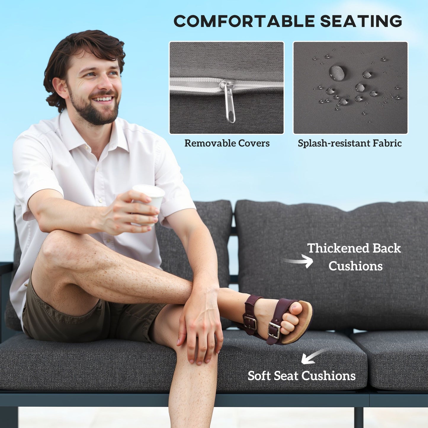 Aluminum Outdoor Sofa, 3-Seater Patio Couch, Patio Furniture Outdoor Couch with Cushions, Wide Seat, Armrests for Garden, Backyard, Balcony, Dark Grey