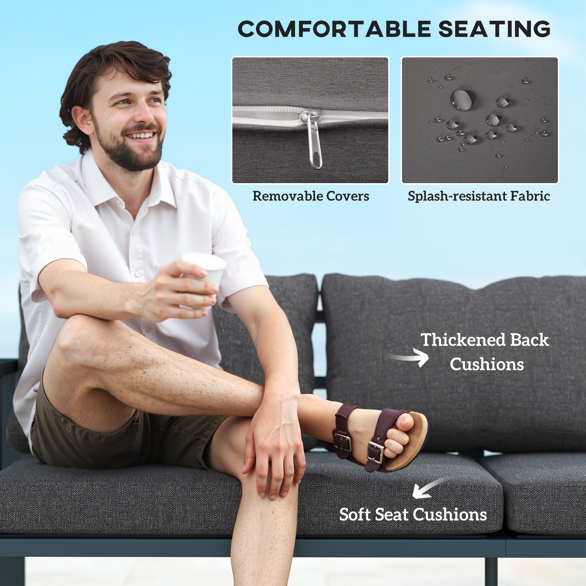 Aluminum Outdoor Sofa, 3-Seater Patio Couch, Patio Furniture Outdoor Couch with Cushions, Wide Seat, Armrests for Garden, Backyard, Balcony, Dark Grey