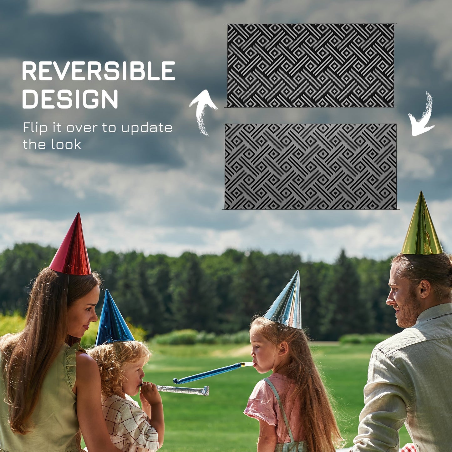 Portable Outdoor Rug with Carry Bag, 9' x 18' Reversible Mat, Waterproof Plastic Straw RV Rug for Backyard, Deck, Picnic, Beach, Camping, Black and Grey Geometric