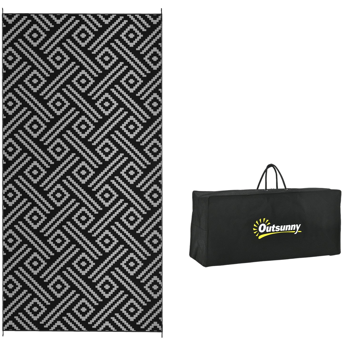 Portable Outdoor Rug with Carry Bag, 9' x 18' Reversible Mat, Waterproof Plastic Straw RV Rug for Backyard, Deck, Picnic, Beach, Camping, Black and Grey Geometric