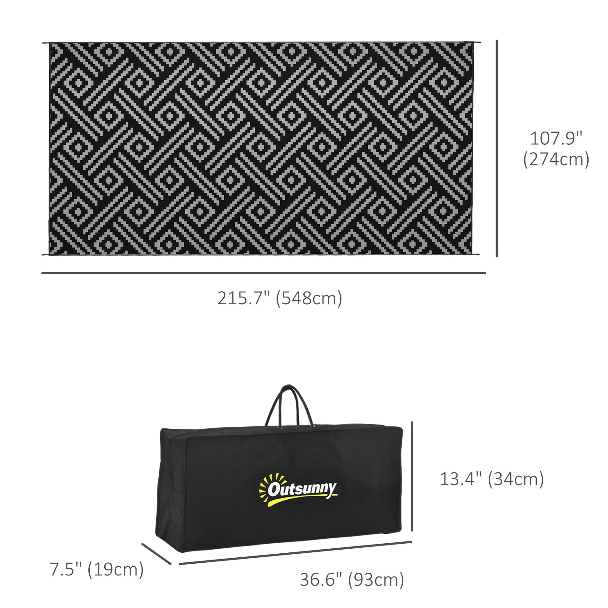 Portable Outdoor Rug with Carry Bag, 9' x 18' Reversible Mat, Waterproof Plastic Straw RV Rug for Backyard, Deck, Picnic, Beach, Camping, Black and Grey Geometric