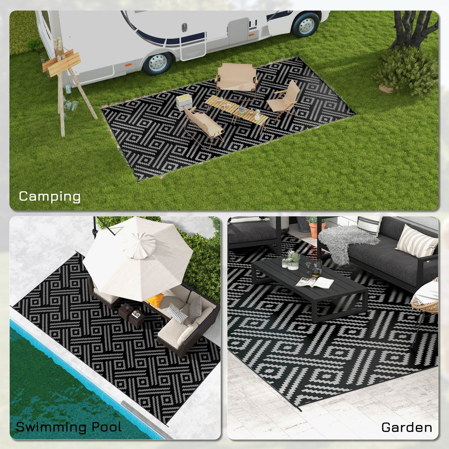 Portable Outdoor Rug with Carry Bag, 9' x 18' Reversible Mat, Waterproof Plastic Straw RV Rug for Backyard, Deck, Picnic, Beach, Camping, Black and Grey Geometric