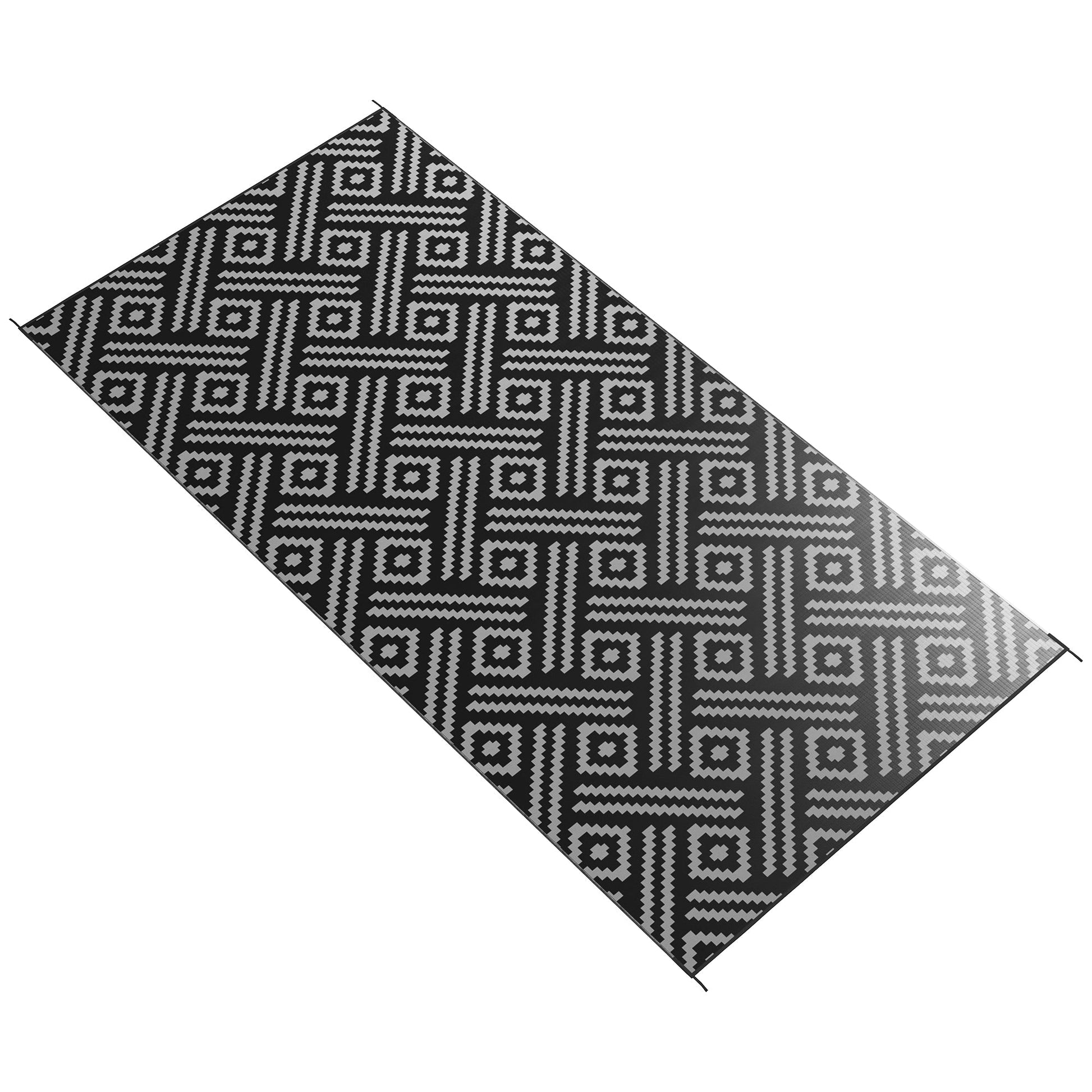 Portable Outdoor Rug with Carry Bag, 9' x 18' Reversible Mat, Waterproof Plastic Straw RV Rug for Backyard, Deck, Picnic, Beach, Camping, Black and Grey Geometric