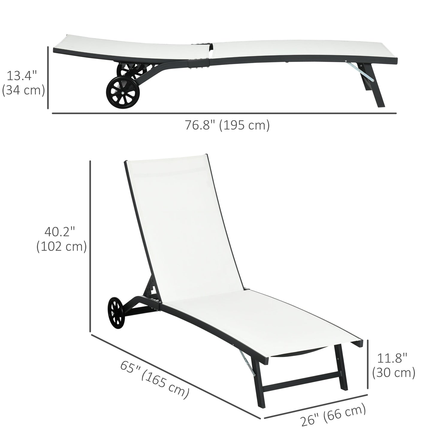 Lounge Chair Outdoor Set of 2 with Wheels, 5-Position Reclining Chaise Lounge Tanning Chair, Breathable Mesh Sun Lounger for Patio, Backyard, Beach, Poolside, Cream White