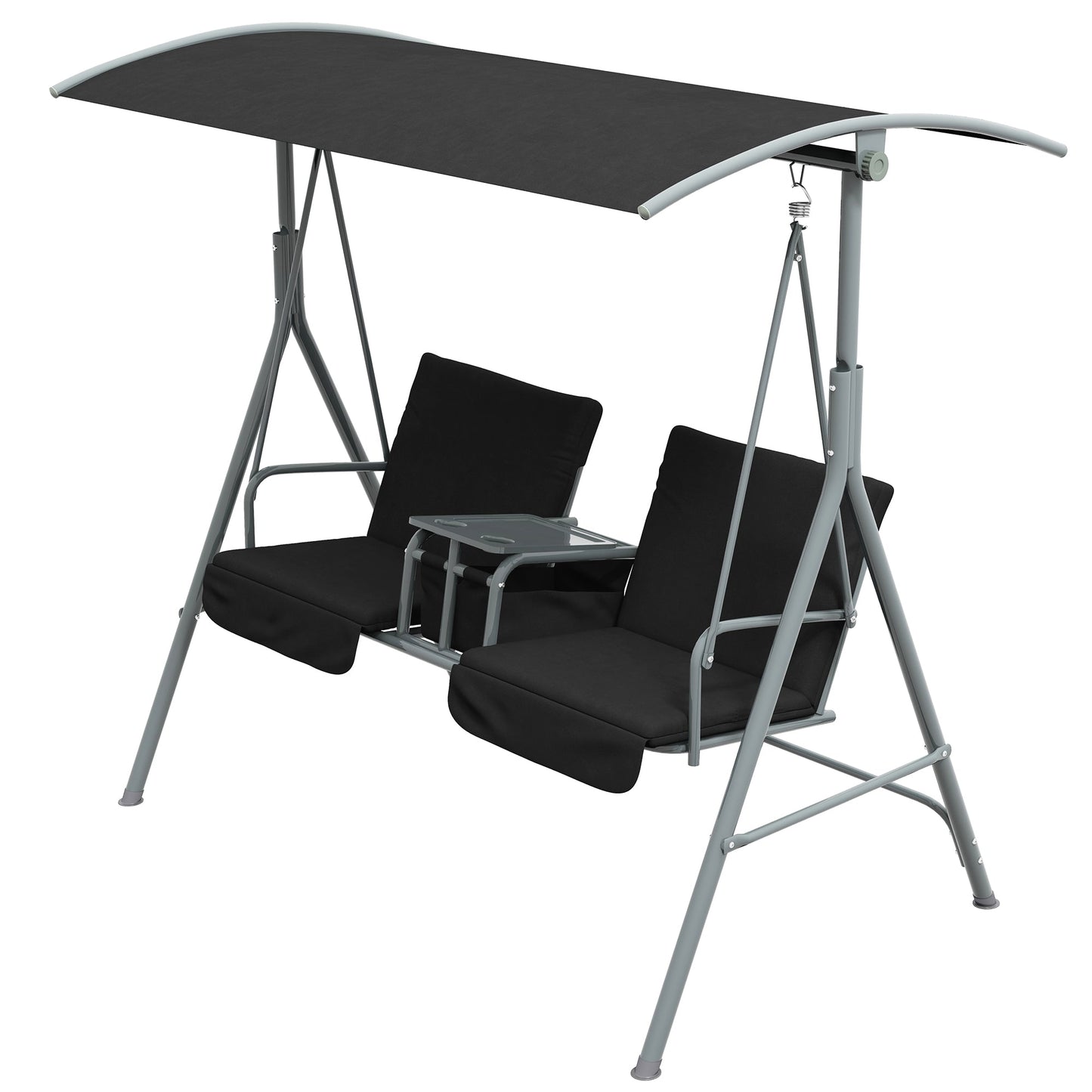 2 Person Porch Swing, Patio Swing Chair with Adjustable Canopy, Table and Storage bag for Outdoor, Garden, Backyard, Poolside, Black
