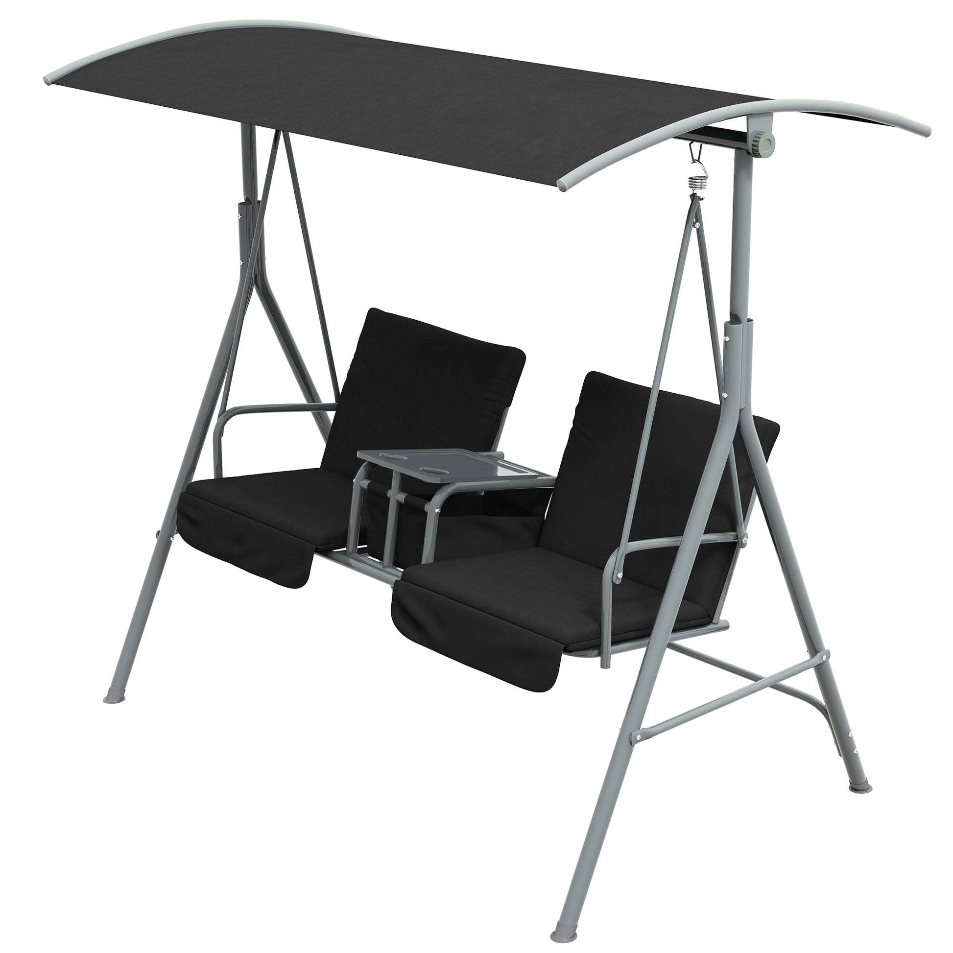 2 Person Porch Swing, Patio Swing Chair with Adjustable Canopy, Table and Storage bag for Outdoor, Garden, Backyard, Poolside, Black