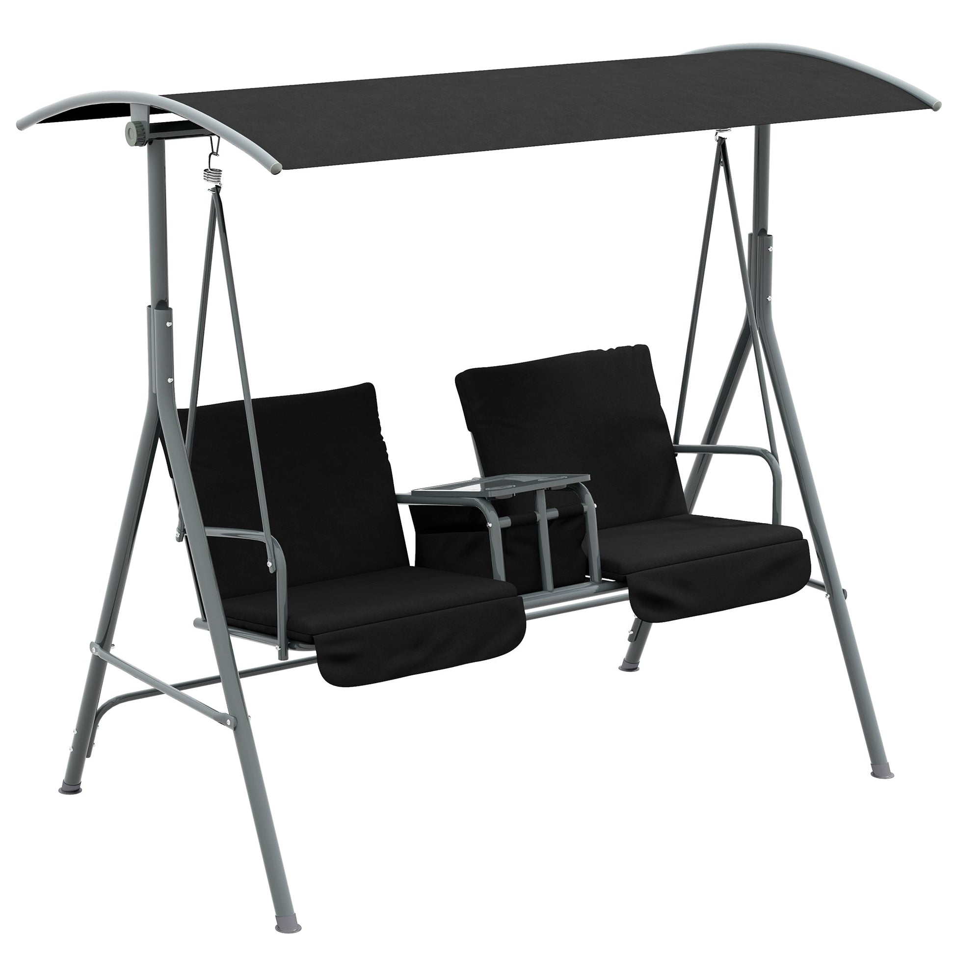 2 Person Porch Swing, Patio Swing Chair with Adjustable Canopy, Table and Storage bag for Outdoor, Garden, Backyard, Poolside, Black