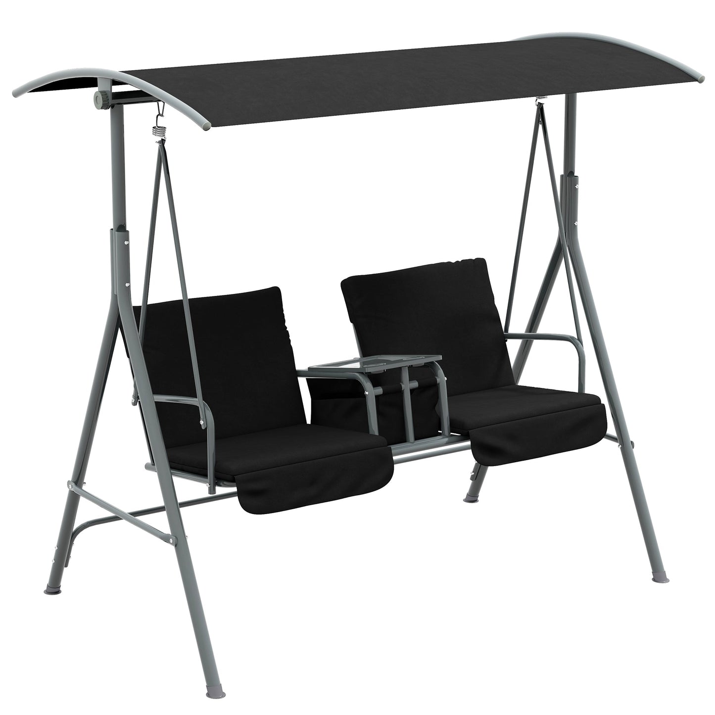 2 Person Porch Swing, Patio Swing Chair with Adjustable Canopy, Table and Storage bag for Outdoor, Garden, Backyard, Poolside, Black