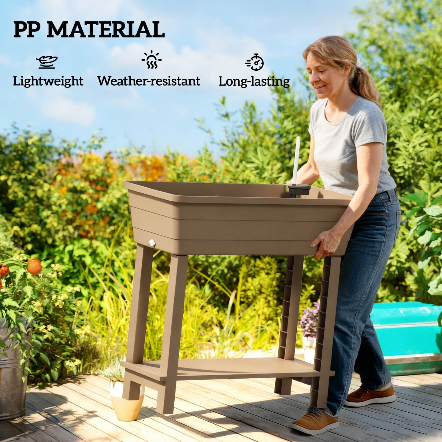 41L Self Watering Raised Garden Bed with Ventilation Transparent Lid Greenhouse, Storage Shelf, Planter Box with Water Level Indicator, 29.5" x 14.2" x 36.2", Brown