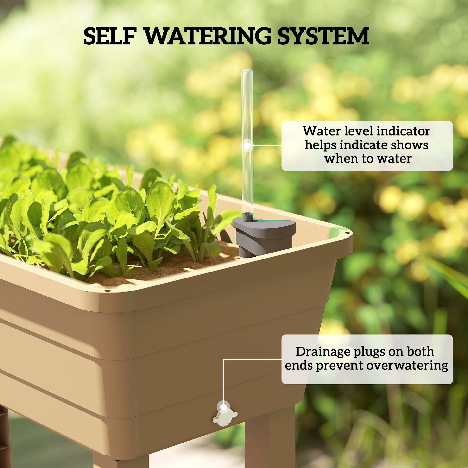 41L Self Watering Raised Garden Bed with Ventilation Transparent Lid Greenhouse, Storage Shelf, Planter Box with Water Level Indicator, 29.5" x 14.2" x 36.2", Brown