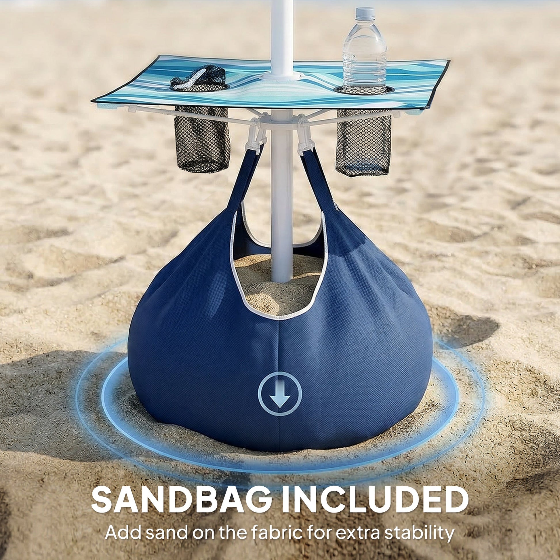 6 ft Portable Beach Umbrella with Foldable Table, Cup Holders, Tilting Outdoor Sun Shade with Sand Anchor, Sandbag, Adjustable Height, Carry Bag, UV Protection, Dark Blue