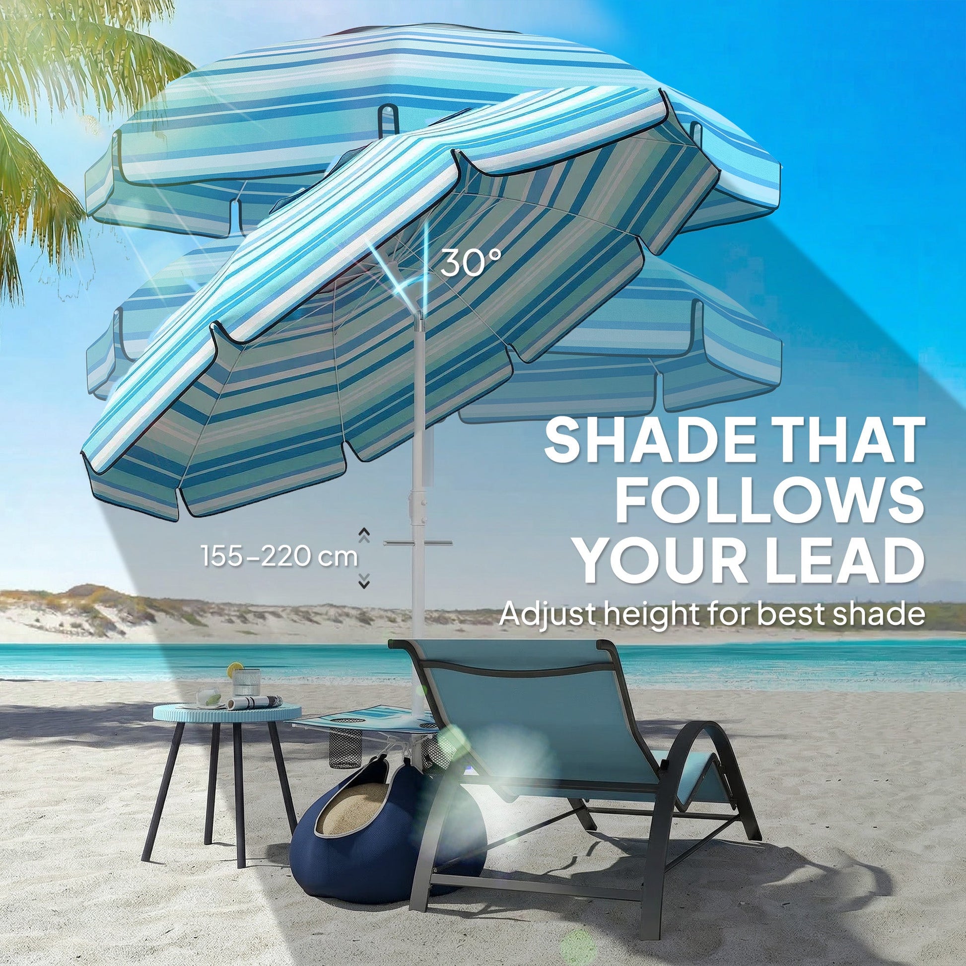 6 ft Portable Beach Umbrella with Foldable Table, Cup Holders, Tilting Outdoor Sun Shade with Sand Anchor, Sandbag, Adjustable Height, Carry Bag, UV Protection, Dark Blue