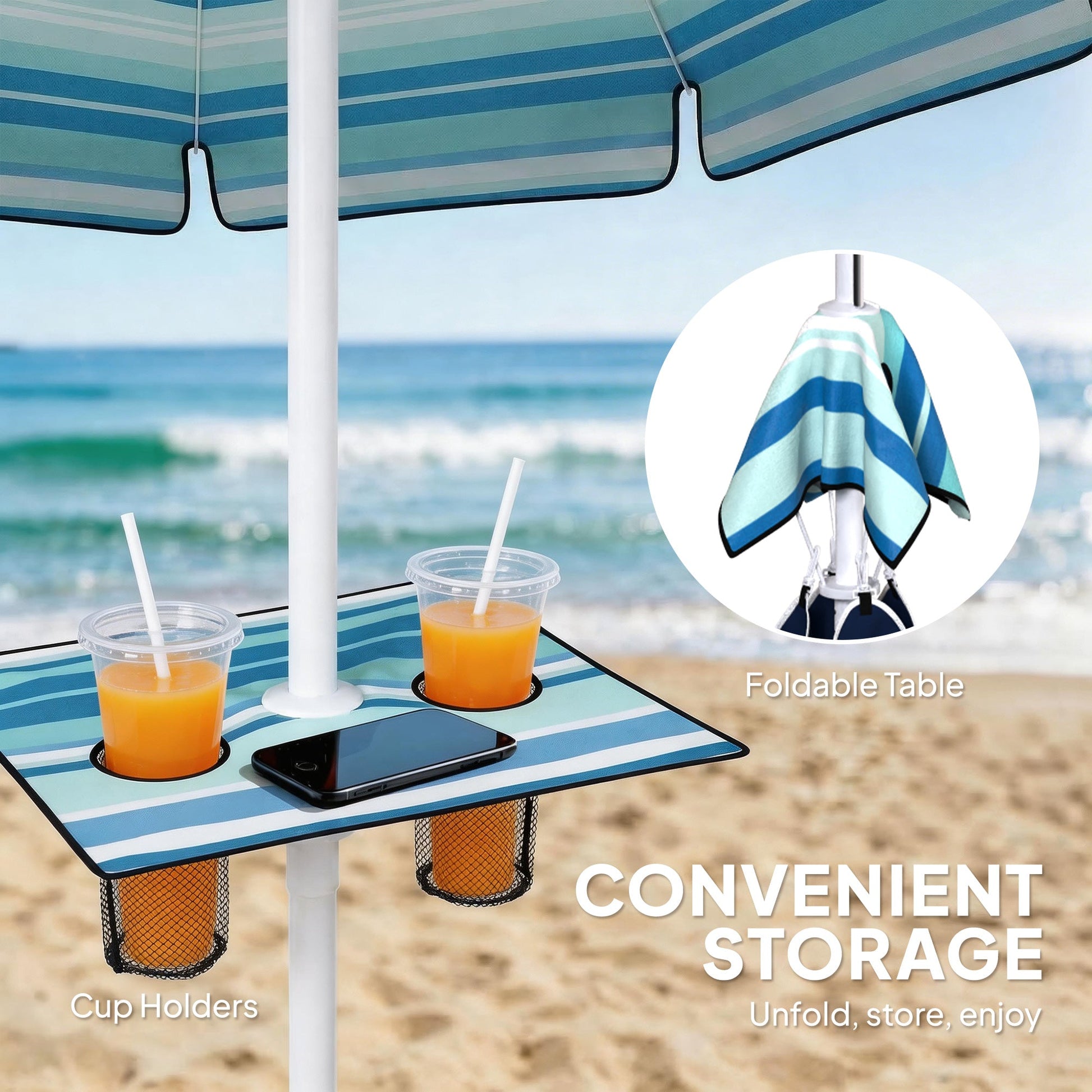 6 ft Portable Beach Umbrella with Foldable Table, Cup Holders, Tilting Outdoor Sun Shade with Sand Anchor, Sandbag, Adjustable Height, Carry Bag, UV Protection, Dark Blue
