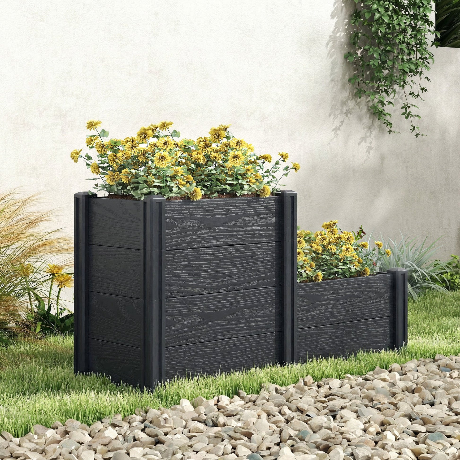 Vinyl Raised Garden Bed Kit, 3-Tier Elevated Garden Box with Open Bottom, Outdoor Raised Planter Box for Flowers, Herbs, Vegetables, DIY Assembly, Grey Wood Effect