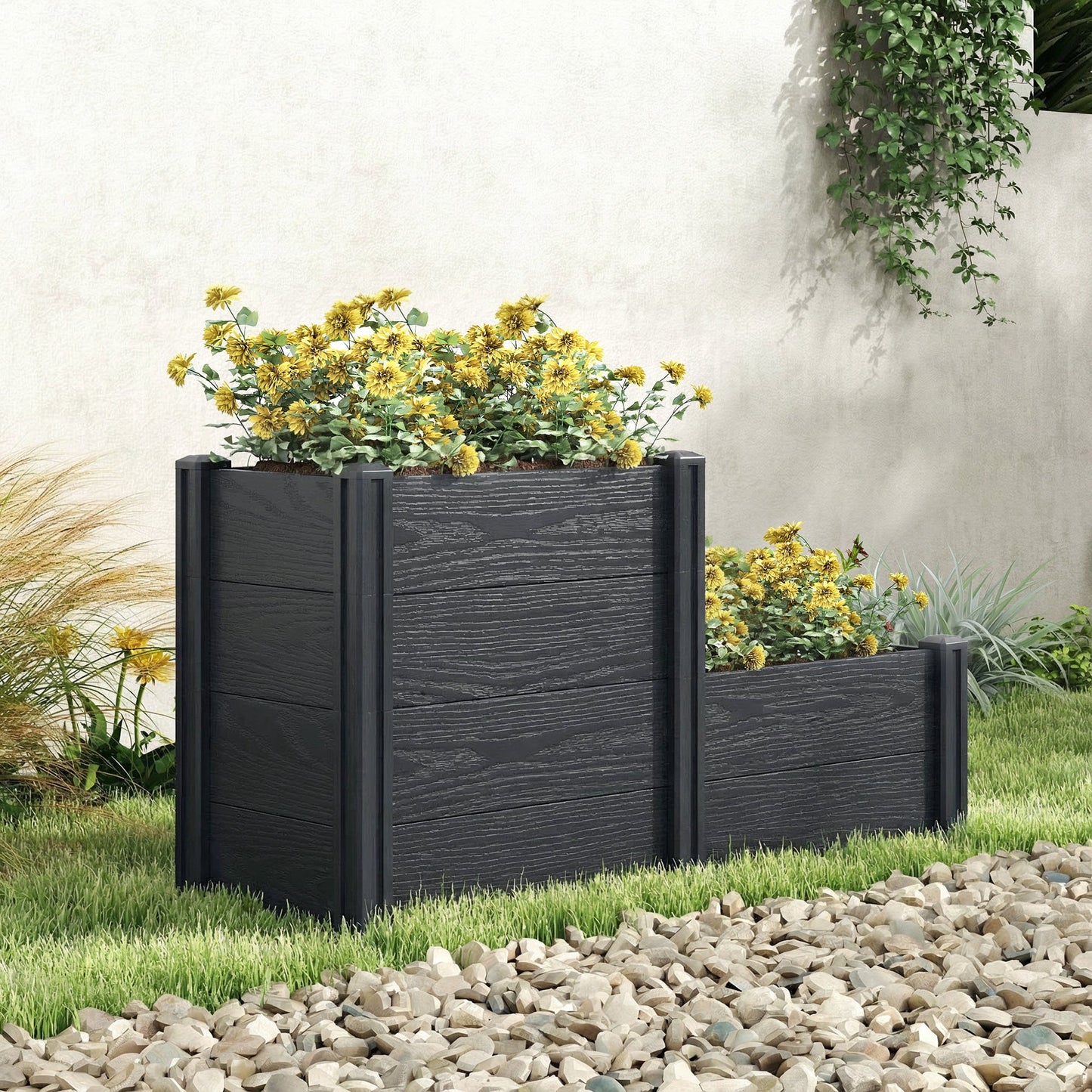 Vinyl Raised Garden Bed Kit, 3-Tier Elevated Garden Box with Open Bottom, Outdoor Raised Planter Box for Flowers, Herbs, Vegetables, DIY Assembly, Grey Wood Effect
