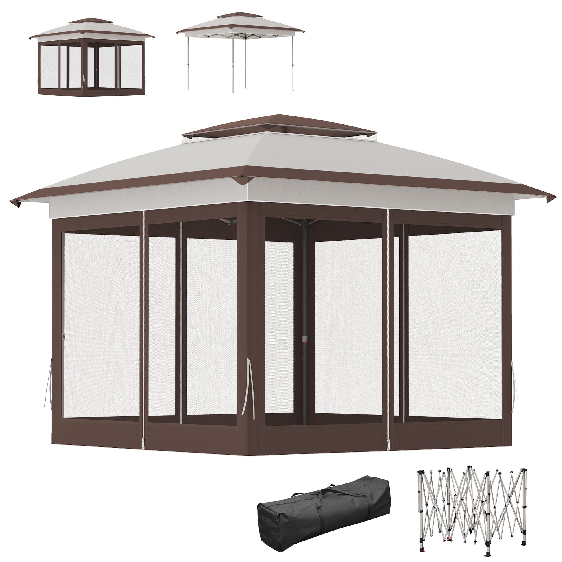 12' x 12' Pop Up Canopy Sun Shade Instant Tent Folding with Mesh Sidewalls, 3-Level Adjustable Height and Storage Bag, Beige and Dark Brown