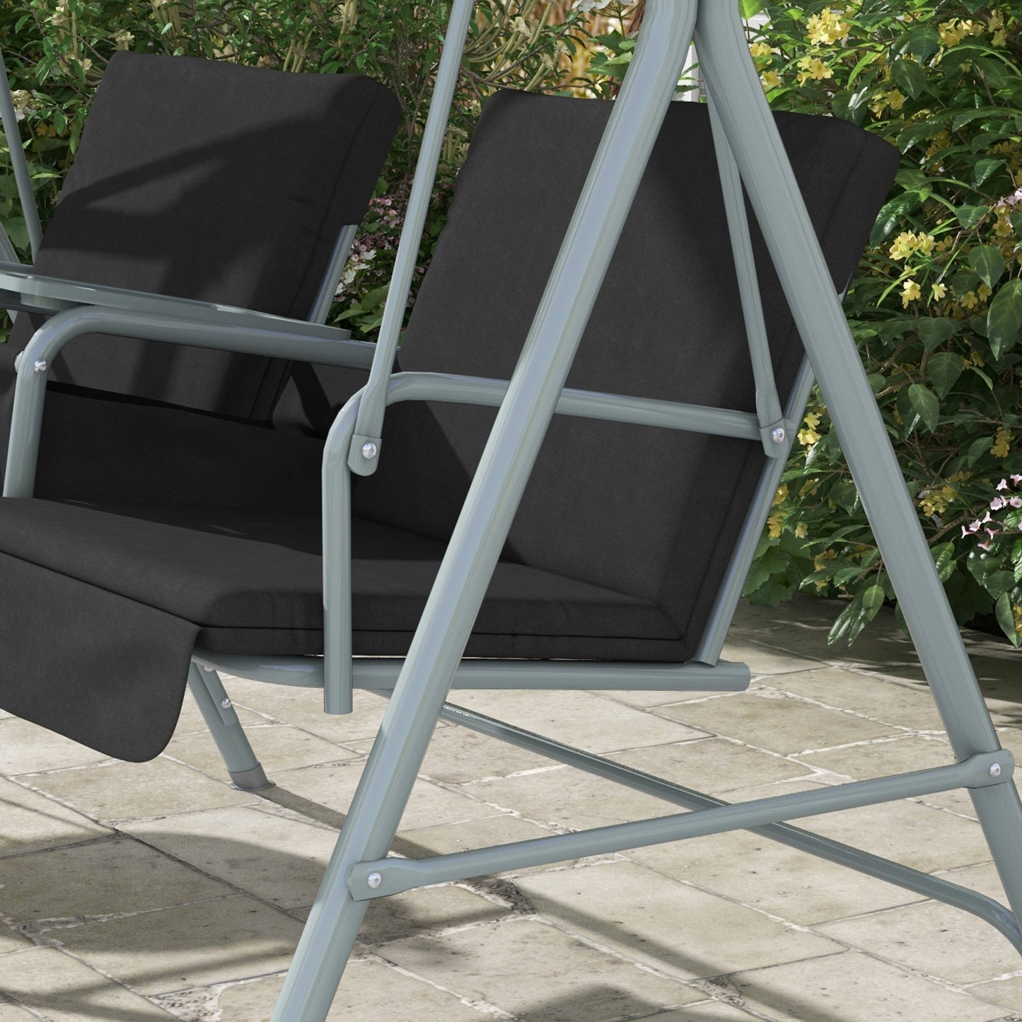 2 Person Porch Swing, Patio Swing Chair with Adjustable Canopy, Table and Storage bag for Outdoor, Garden, Backyard, Poolside, Black