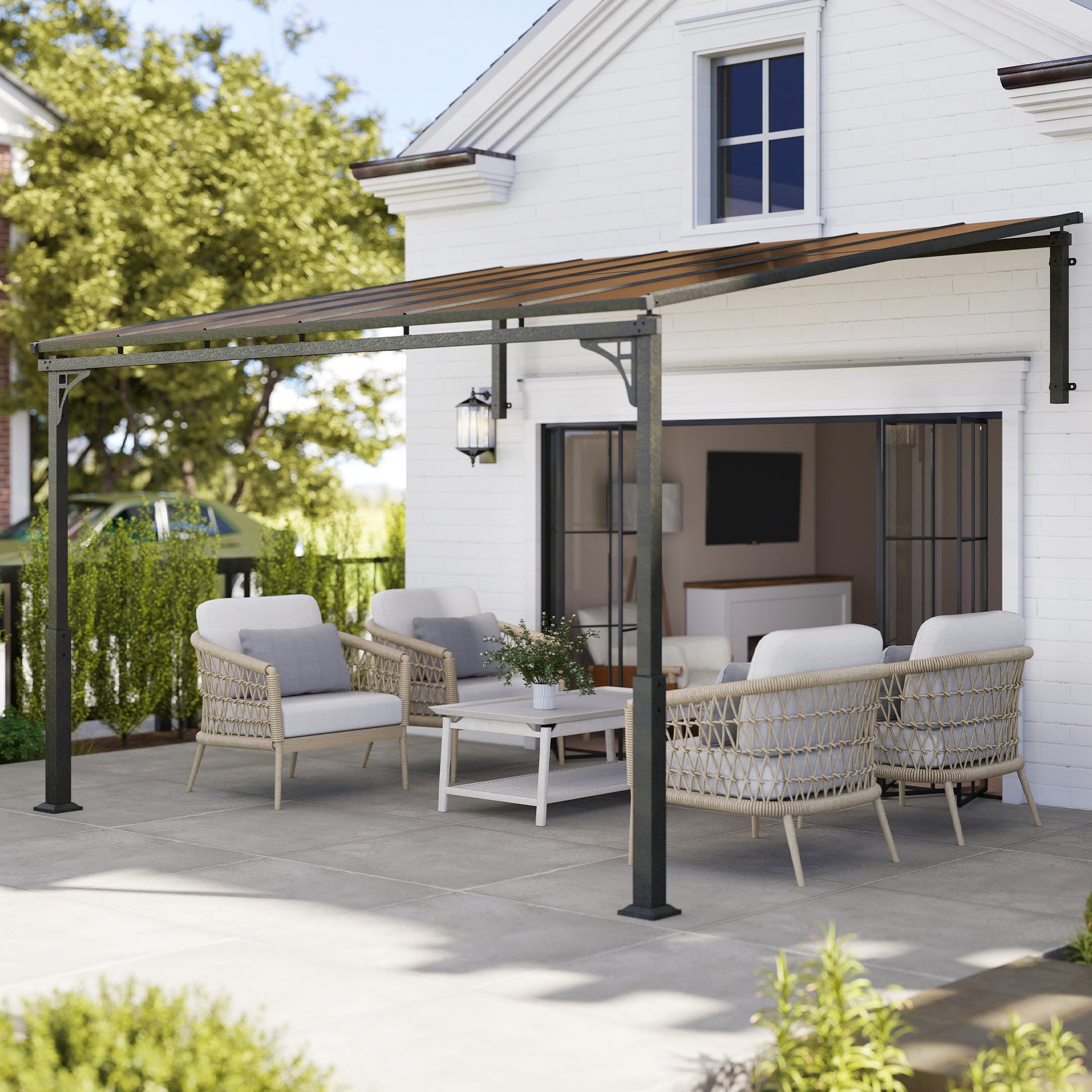 11' x 10' Outdoor Pergola, Wall Mounted Hardtop Lean-to Gazebo with Polycarbonate Roof and Metal-Aluminium Frame, Heavy Duty Metal Pergola for Patio Deck Backyard, Brown