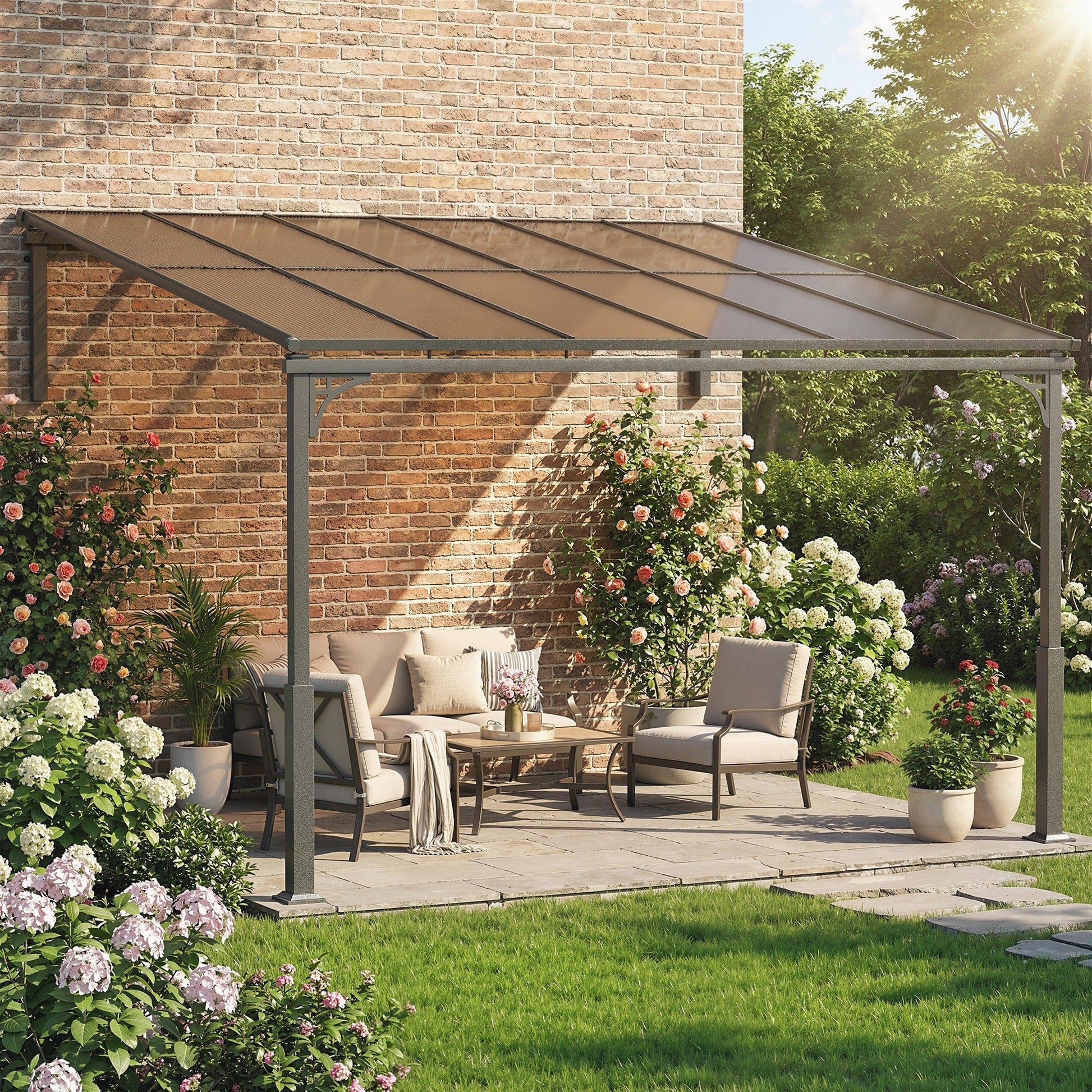 11' x 10' Outdoor Pergola, Wall Mounted Hardtop Lean-to Gazebo with Polycarbonate Roof and Metal-Aluminium Frame, Heavy Duty Metal Pergola for Patio Deck Backyard, Brown