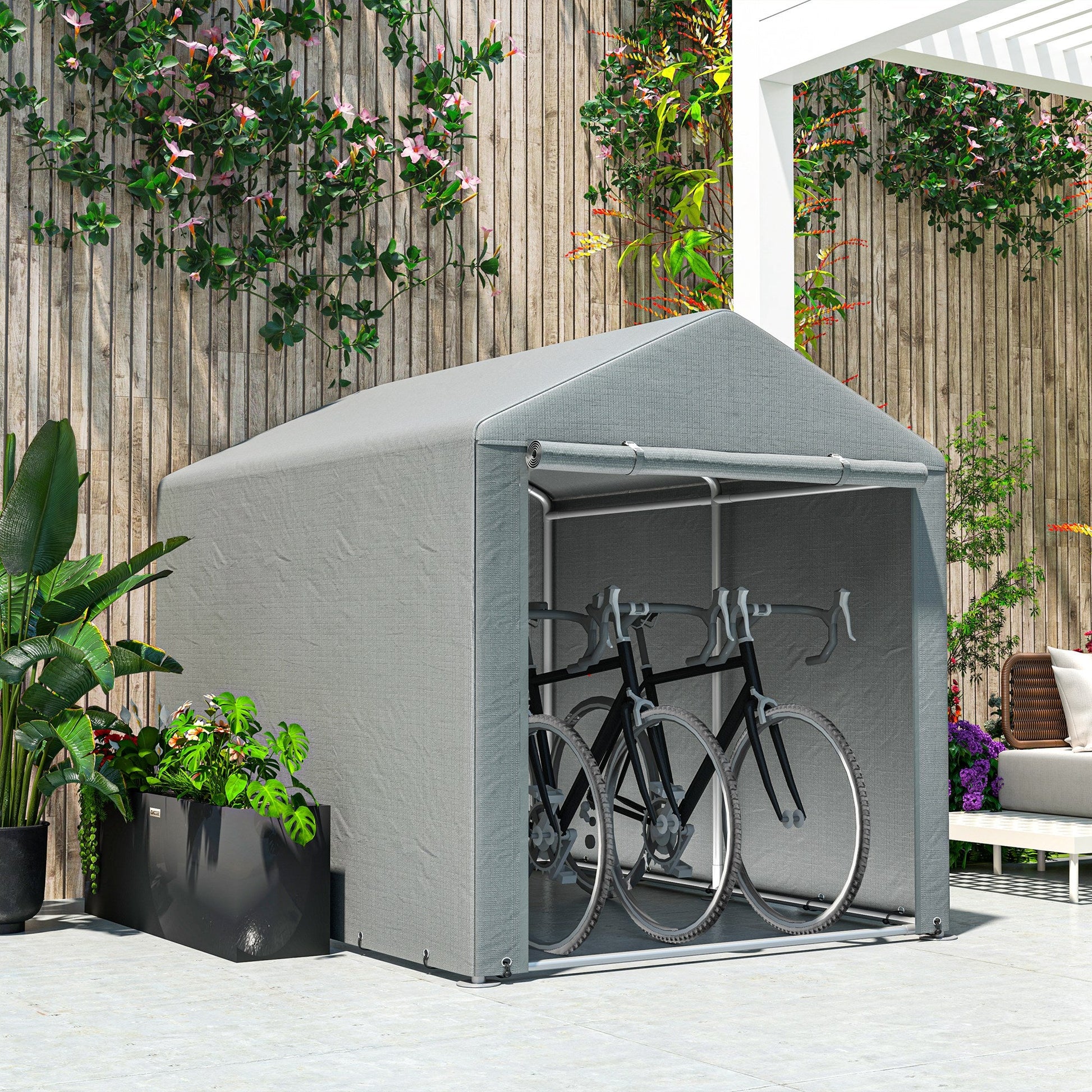 5.2 x 7.2 ft Portable Shed, Outdoor Storage Shed Bike Tent with Waterproof Cover, Galvanized Steel Frame & Roll-up Door for Bikes, Garden Tools, Motorcycles,, Light Grey