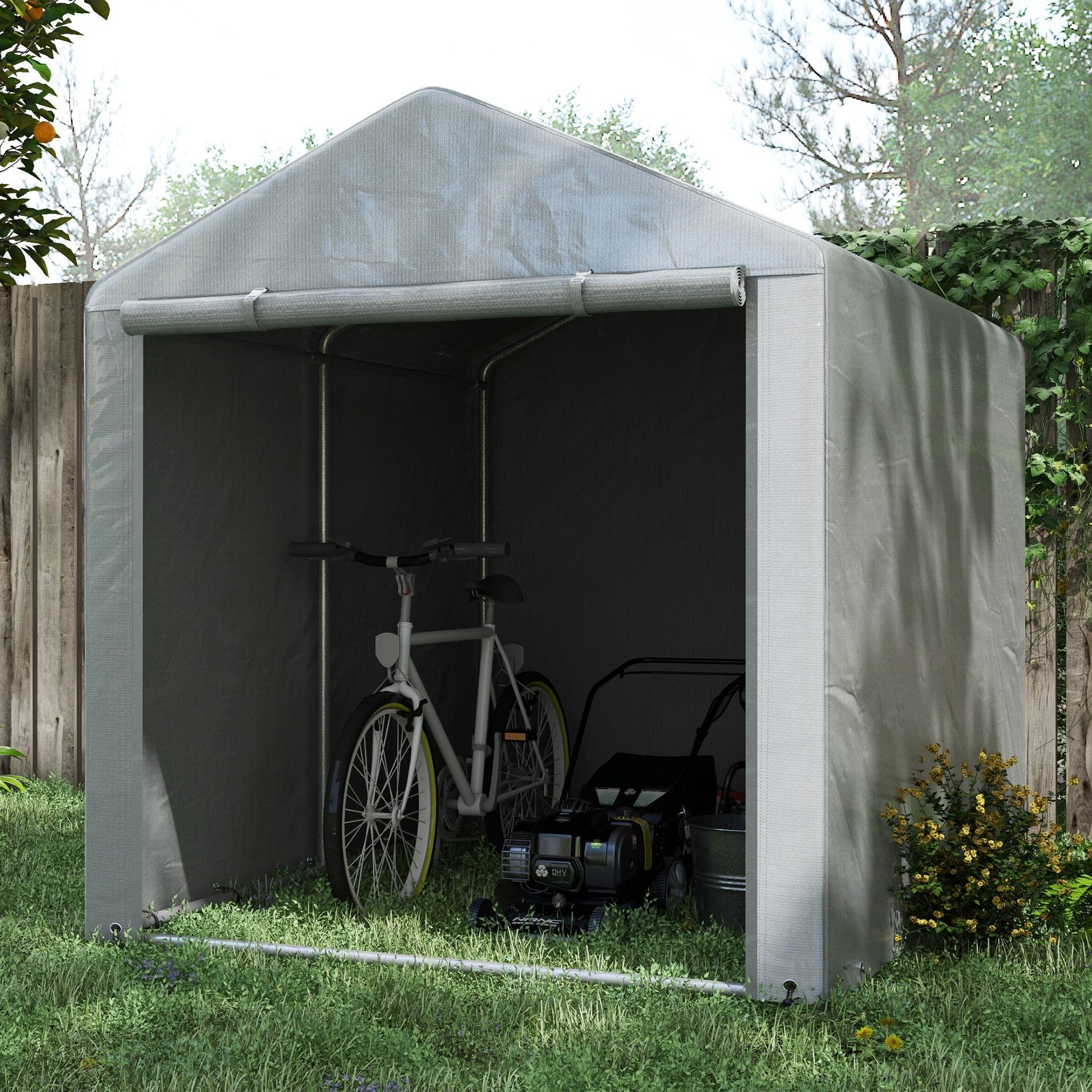 5.2 x 7.2 ft Portable Shed, Outdoor Storage Shed Bike Tent with Waterproof Cover, Galvanized Steel Frame & Roll-up Door for Bikes, Garden Tools, Motorcycles,, Light Grey