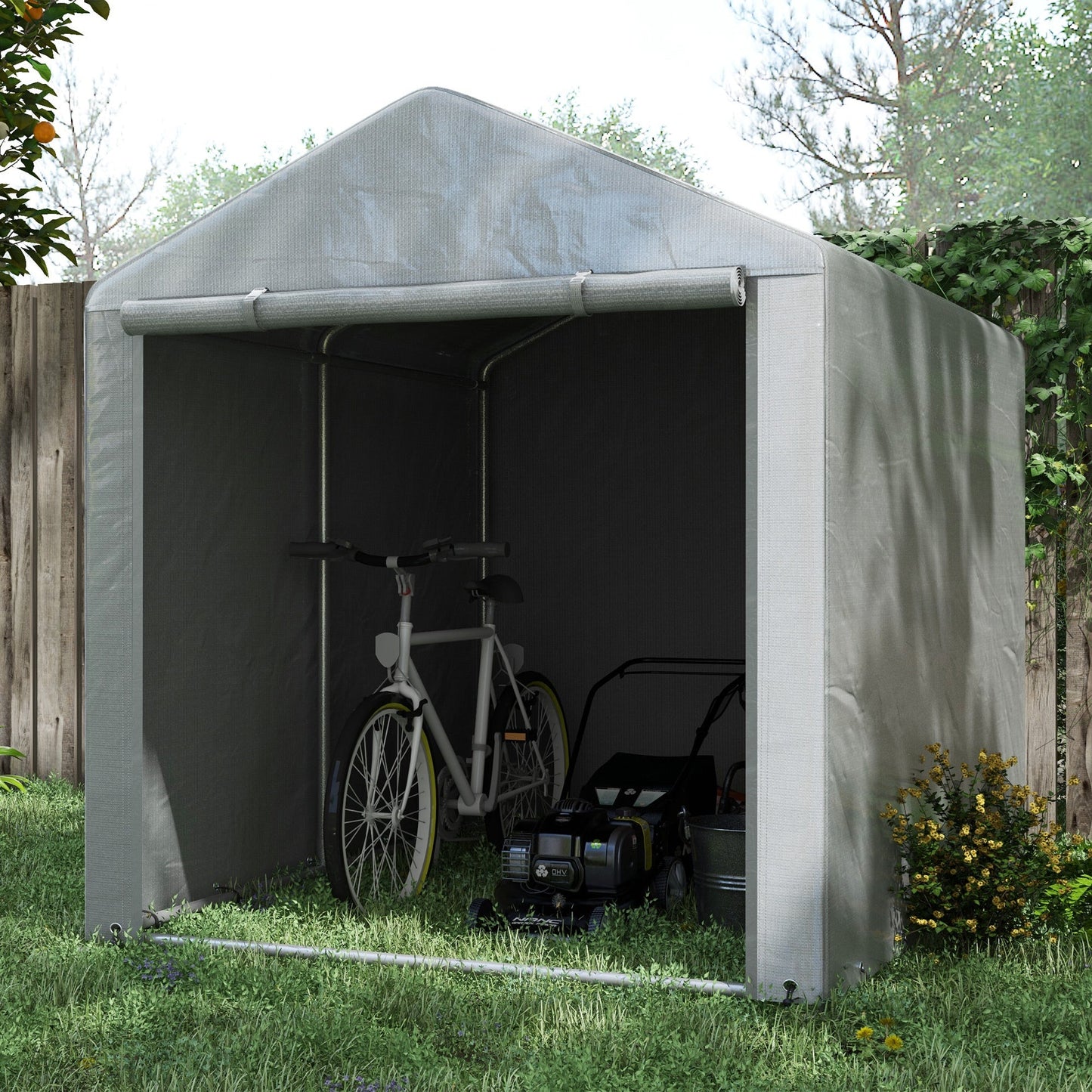 5.2 x 7.2 ft Portable Shed, Outdoor Storage Shed Bike Tent with Waterproof Cover, Galvanized Steel Frame & Roll-up Door for Bikes, Garden Tools, Motorcycles,, Light Grey