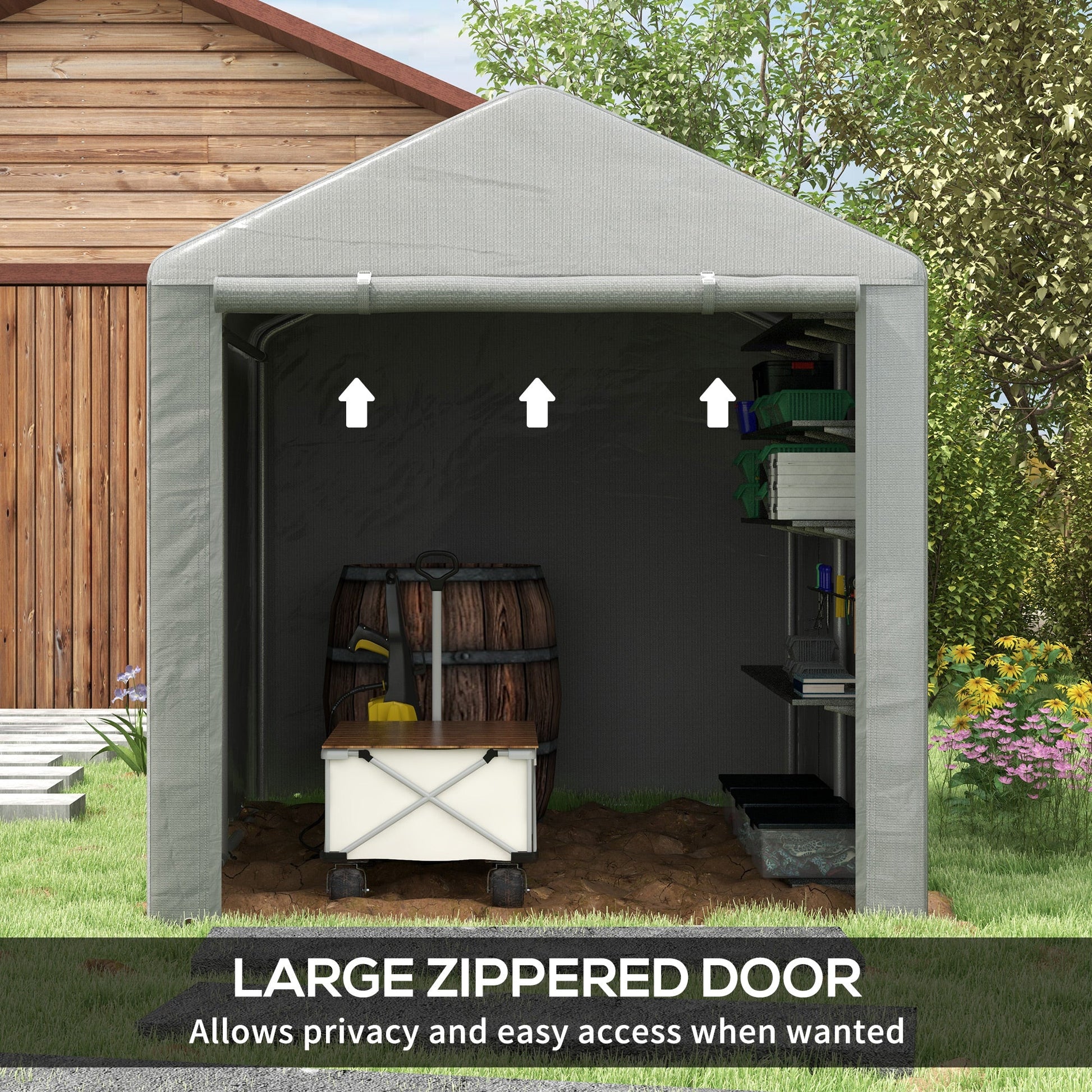 5.2 x 7.2 ft Portable Shed, Outdoor Storage Shed Bike Tent with Waterproof Cover, Galvanized Steel Frame & Roll-up Door for Bikes, Garden Tools, Motorcycles,, Light Grey