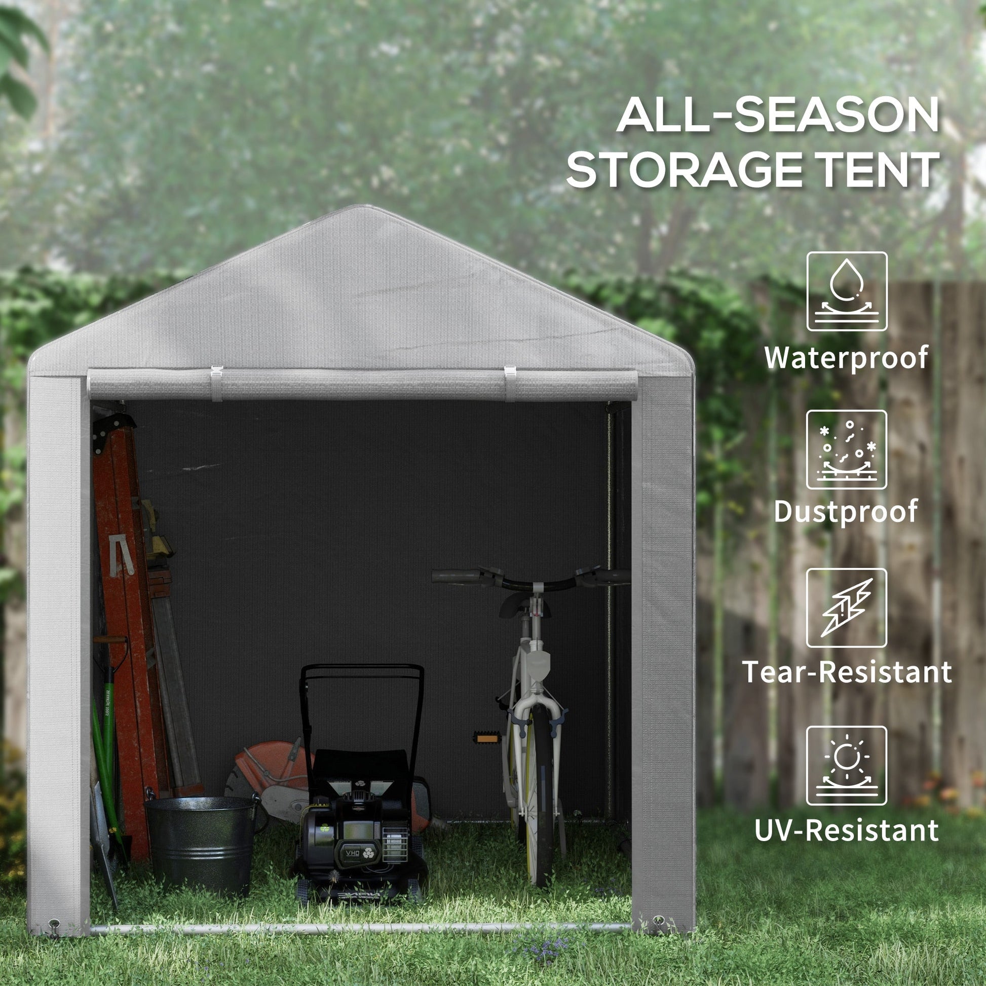 5.2 x 7.2 ft Portable Shed, Outdoor Storage Shed Bike Tent with Waterproof Cover, Galvanized Steel Frame & Roll-up Door for Bikes, Garden Tools, Motorcycles,, Light Grey