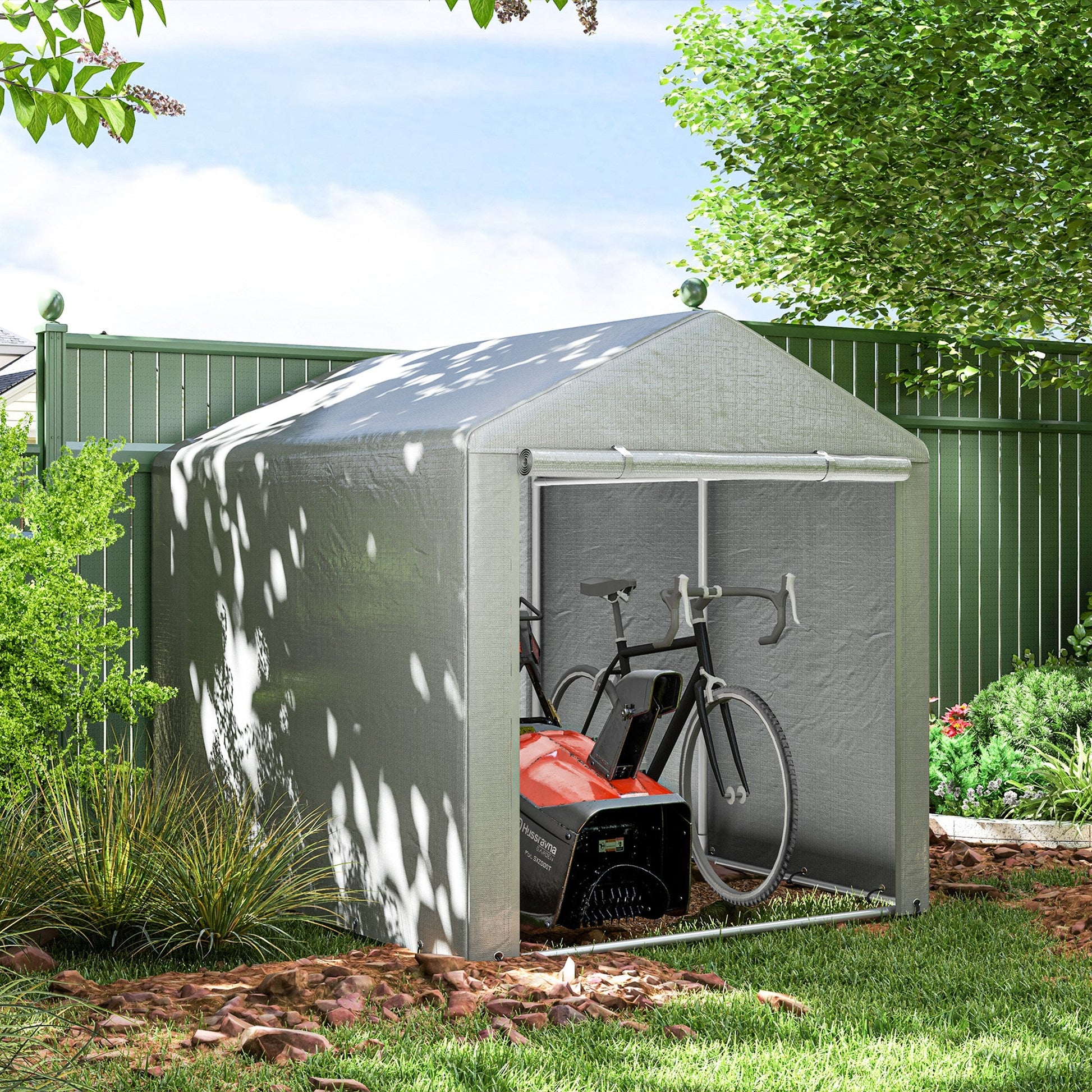 5.2 x 7.2 ft Portable Shed, Outdoor Storage Shed Bike Tent with Waterproof Cover, Galvanized Steel Frame & Roll-up Door for Bikes, Garden Tools, Motorcycles,, Light Grey